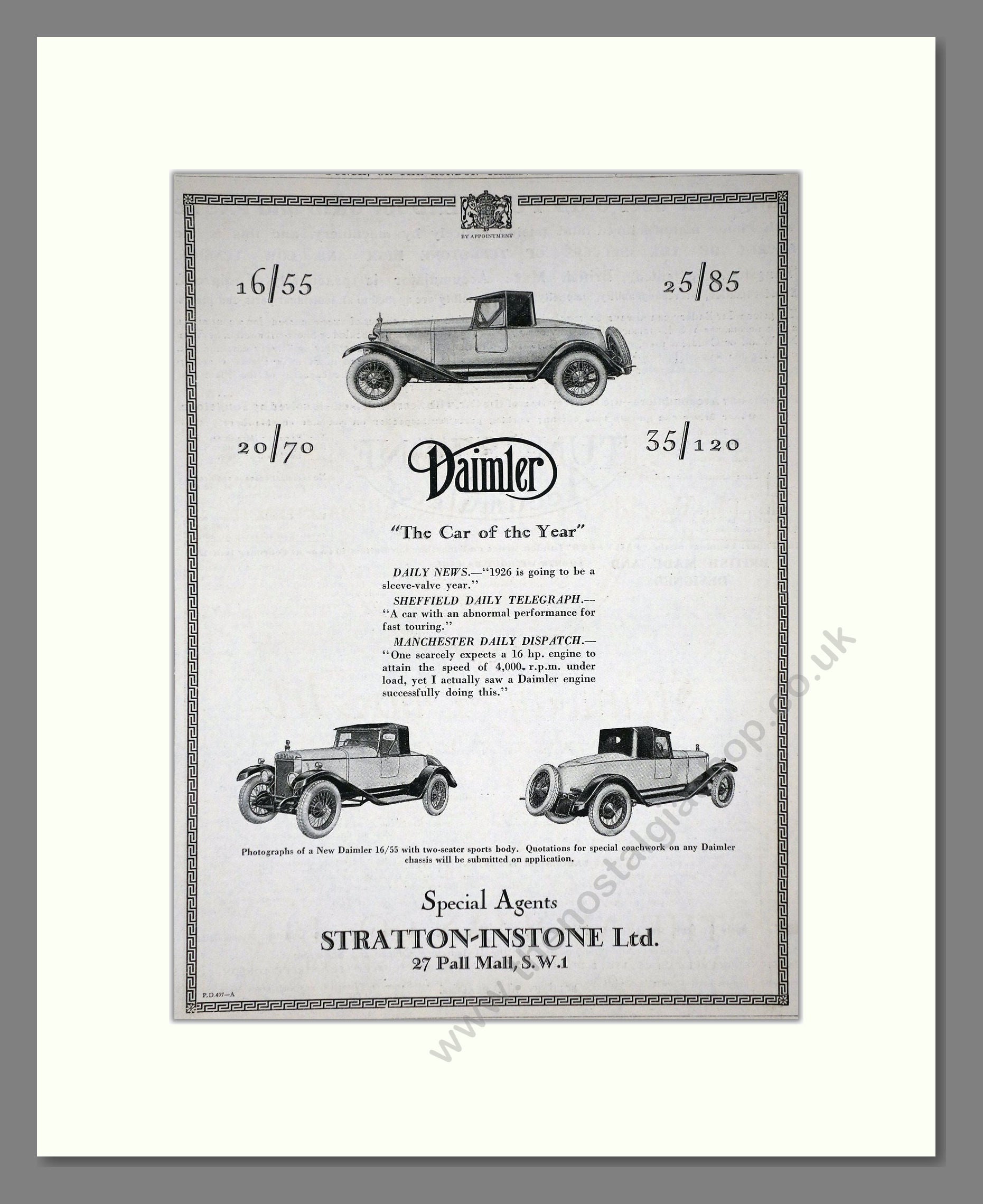 Daimler - Car Of The Year (16/55, 20/70, 25/85, 35/120). Vintage Advert 1926 (ref AD65394)
