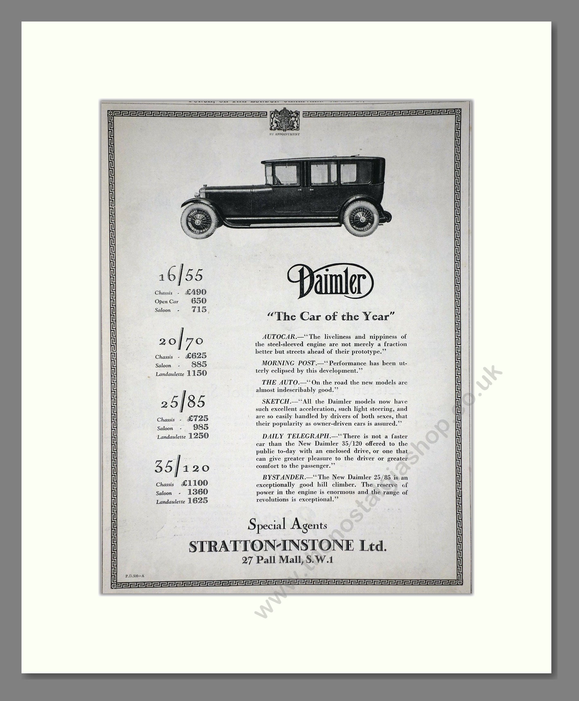 Daimler - Car Of The Year (16/55, 20/70, 25/85, 35/120). Vintage Advert 1926 (ref AD65398)