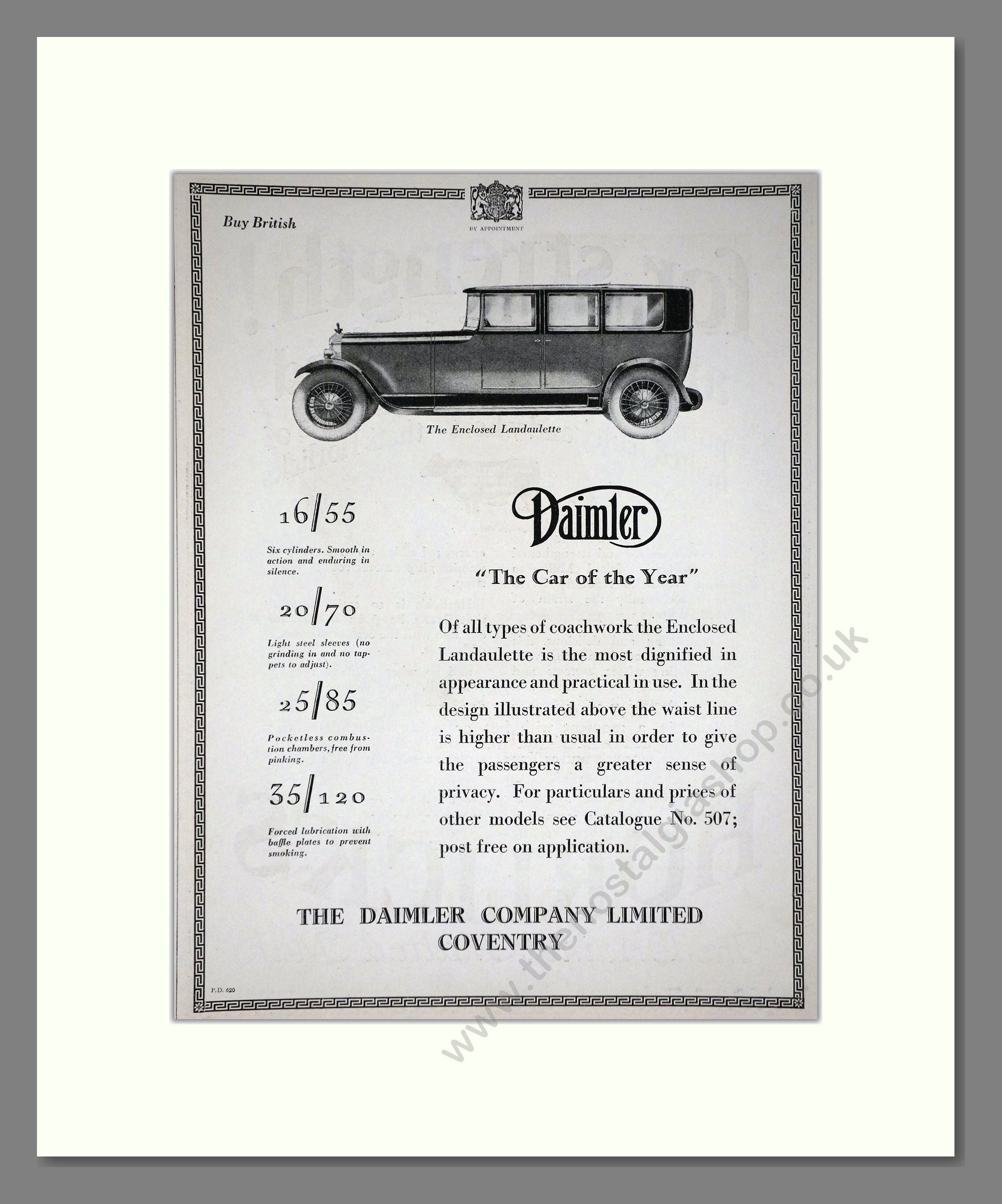 Daimler - Car Of The Year (16/55, 20/70, 25/85, 35/120). Vintage Advert 1927 (ref AD65399)