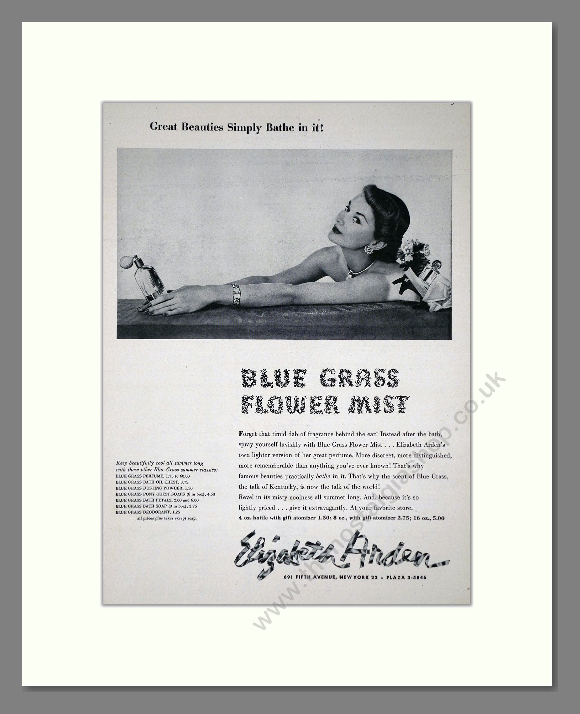 Elizabeth Arden - Blue Grass Flower Mist. Vintage Advert 1949 (ref AD65431)