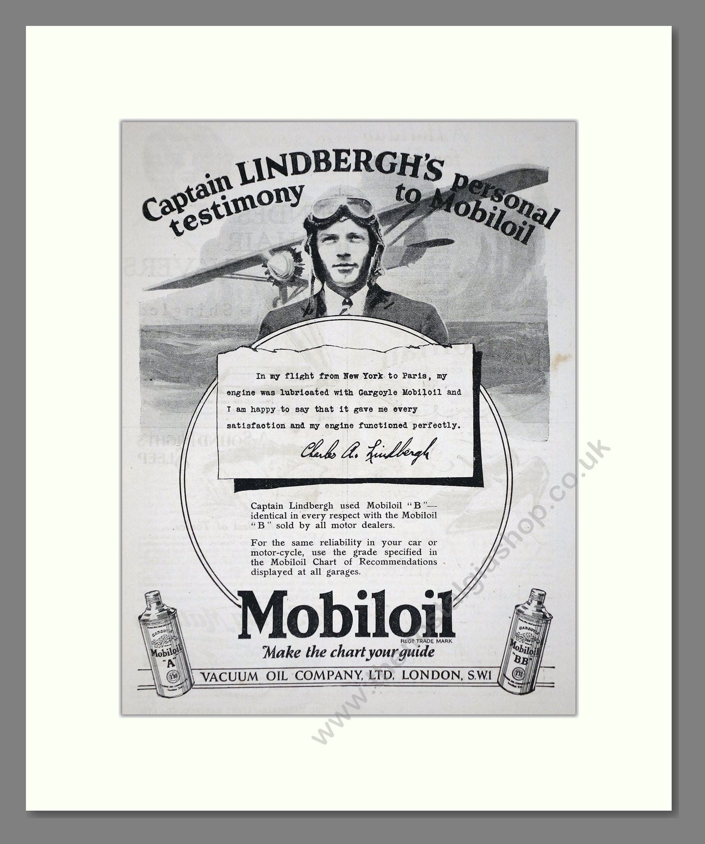 Mobiloil - Lindbergh Testimony. Vintage Advert 1927 (ref AD65583)