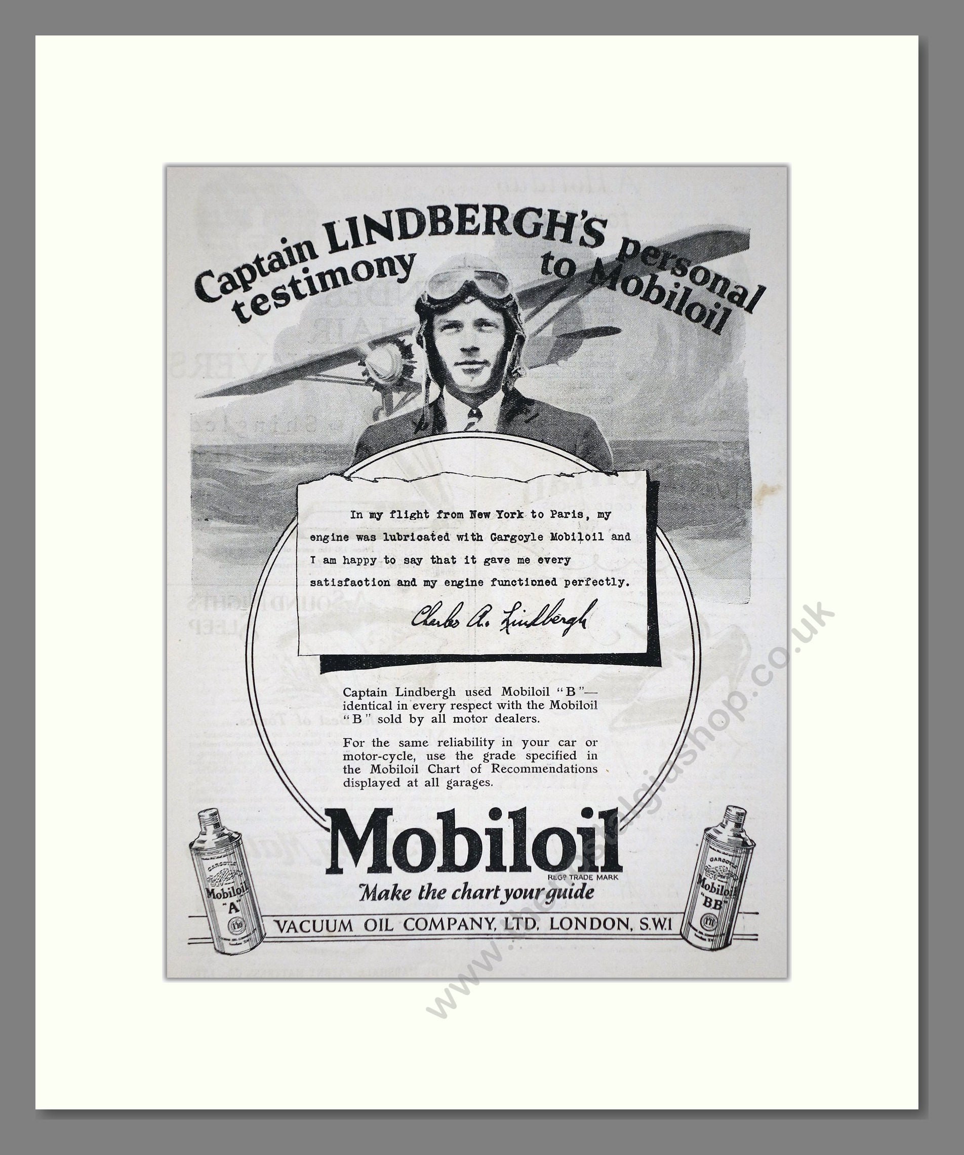 Mobiloil - Lindbergh Testimony. Vintage Advert 1927 (ref AD65583)