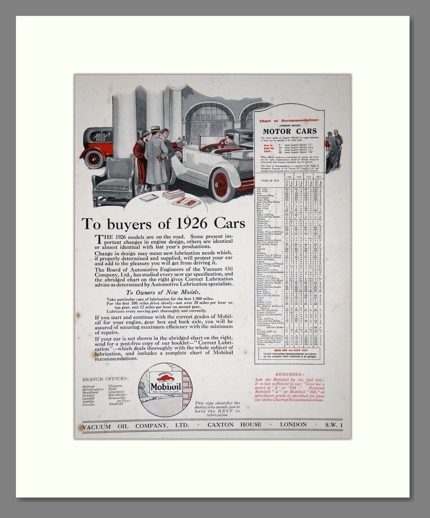 Mobiloil - Motor Oil. Vintage Advert 1926 (ref AD65591)