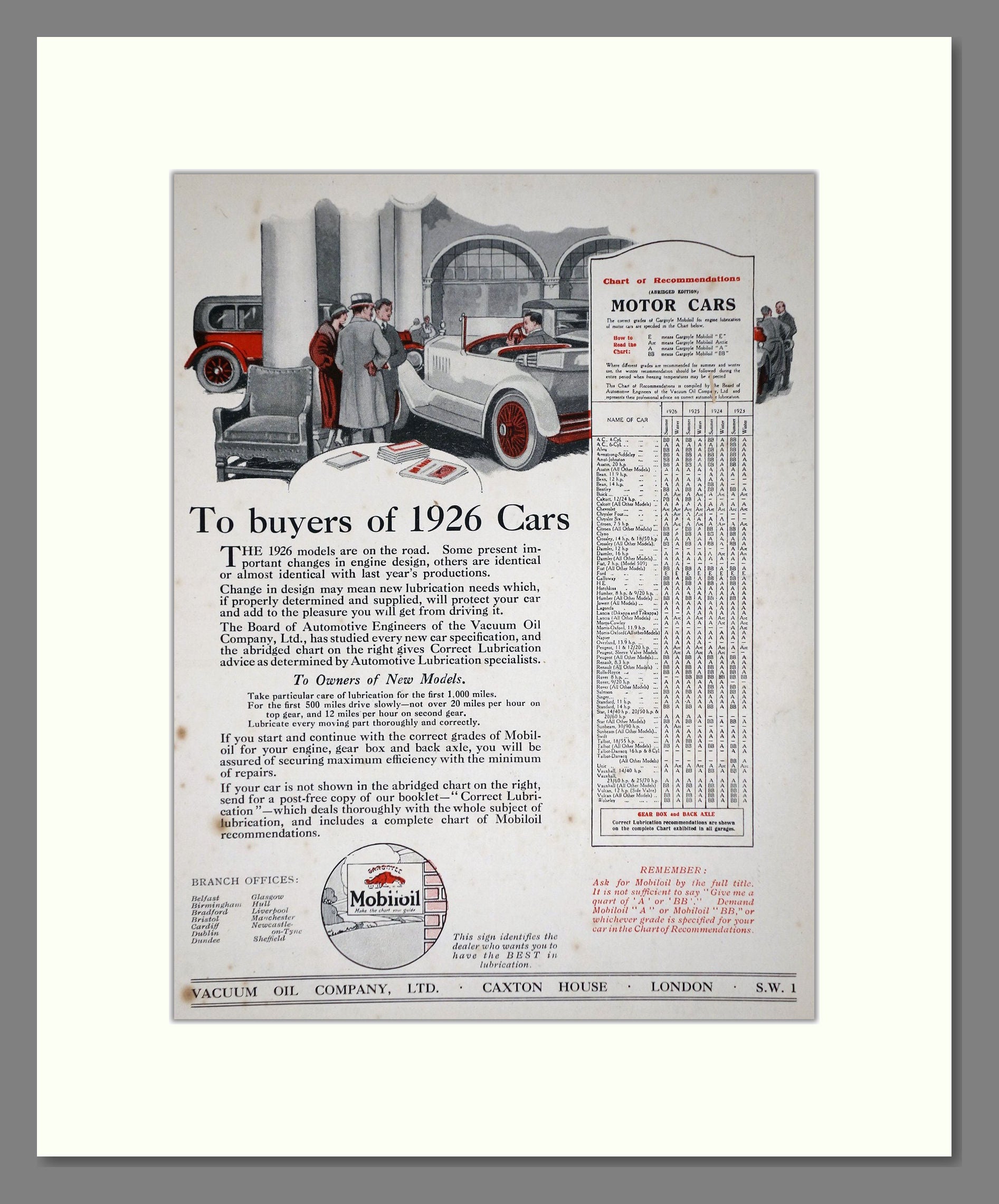 Mobiloil - Motor Oil. Vintage Advert 1926 (ref AD65591)