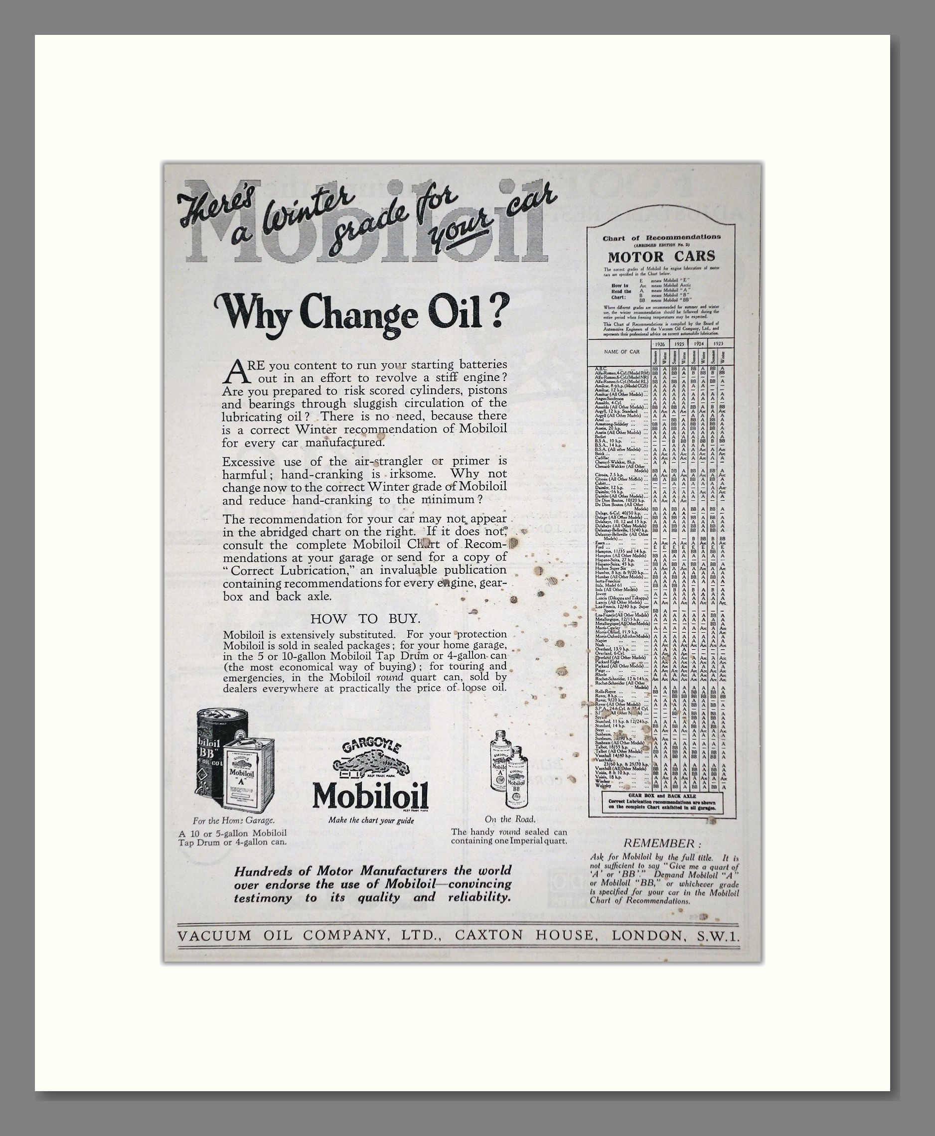 Mobiloil - Why Change Oil. Vintage Advert 1926 (ref AD65596)