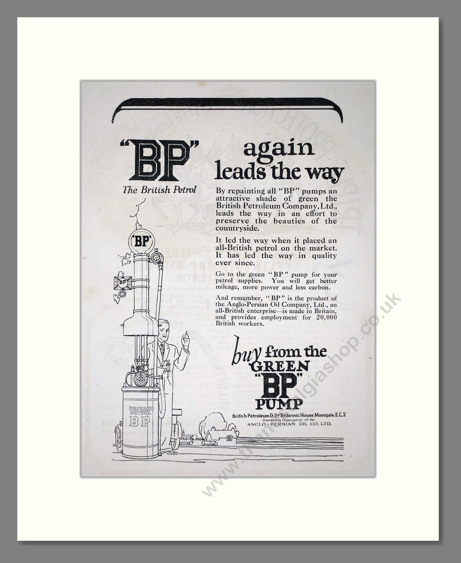 BP - Green Pump Petrol. Vintage Advert 1927 (ref AD65629)