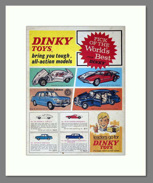Dinky Toys - Jaguar E Type / BMW 2000 / De Tomaso Mangusta / Rolls Royce Phantom. Vintage Advert 1968 (ref AD65665)