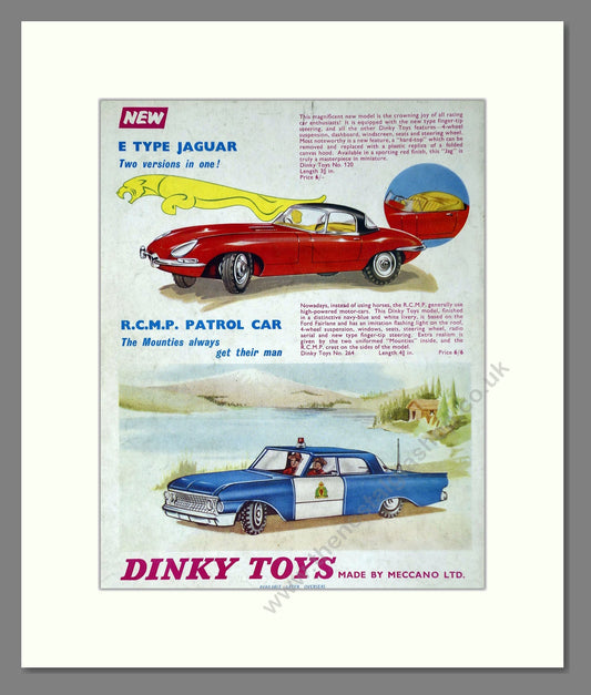 Dinky Toys - E Type Jaguar / RCMP Patrol Car. Vintage Advert 1962 (ref AD65667)