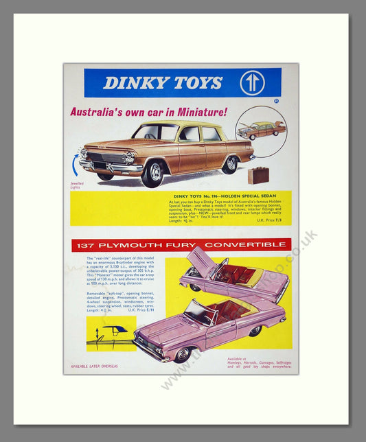Dinky Toys - Holden Sedan / Plymouth Fury. Vintage Advert 1963 (ref AD65669)