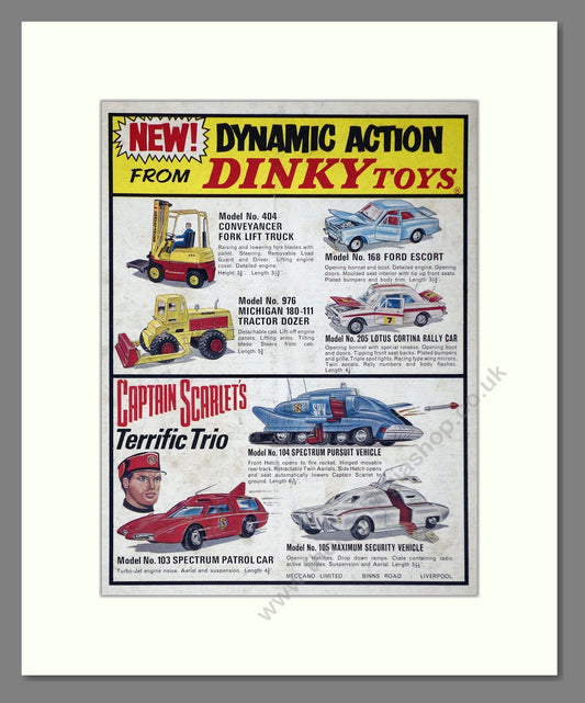 Dinky Toys - Captain Scarlet / Fork Lift / Dozer / Ford Escort / Lotus Cortina. Vintage Advert 1968 (ref AD65675)