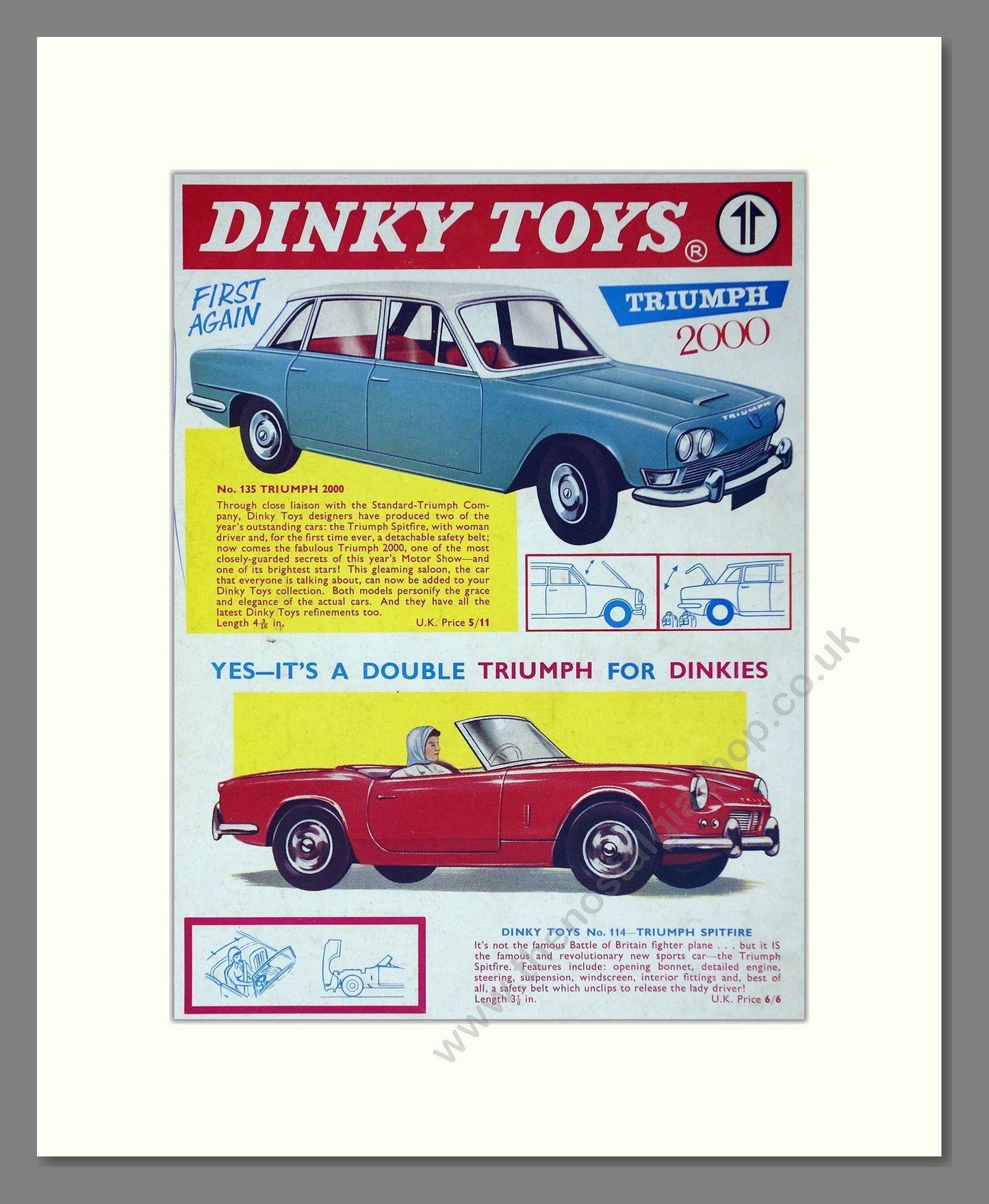 Dinky Toys - Triumph 2000 / Spitfire. Vintage Advert 1963 (ref AD65683)