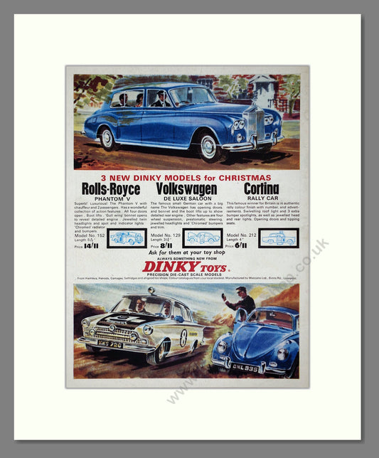 Dinky Toys - Rolls Royce Phantom / VW De Luxe Saloon / Cortina Rally Car. Vintage Advert 1966 (ref AD65692)