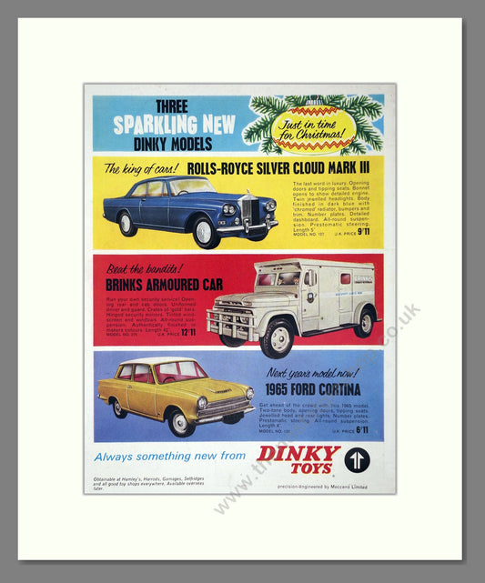 Dinky Toys - Rolls Royce Silver Clouf / Brinks Armoured Car / Ford Cortina. Vintage Advert 1964 (ref AD65693)