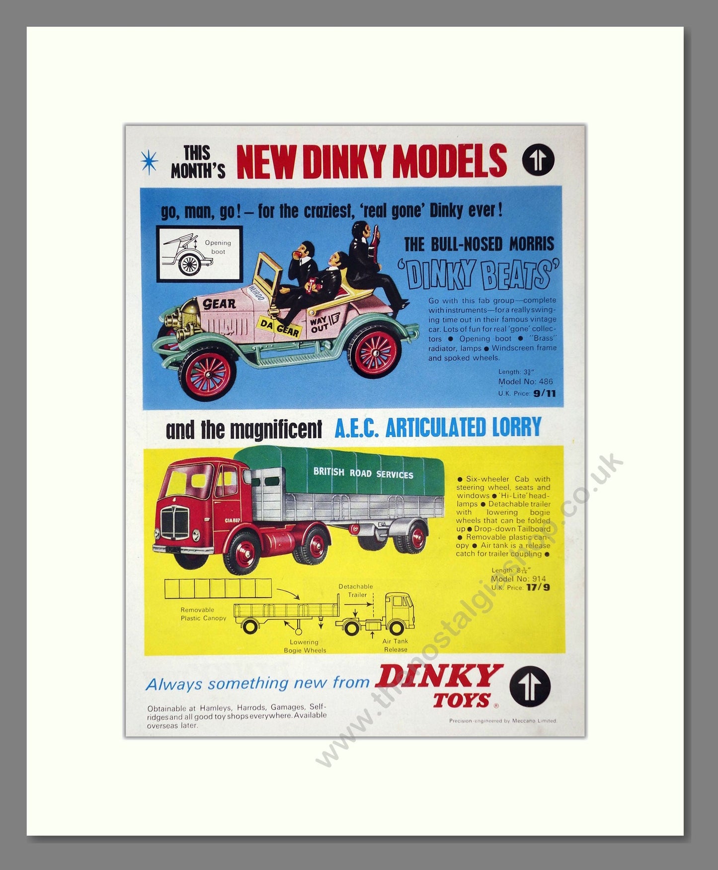 Dinky Toys - Morris Dinky Beats / AEC Lorry. Vintage Advert 1965 (ref AD65696)