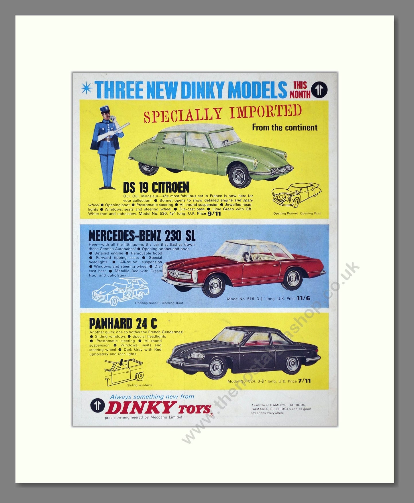 Dinky Toys - Citroen DS 19 / Mercedes-Benz 230SL / Panhard 24C. Vintage Advert 1965 (ref AD65705)