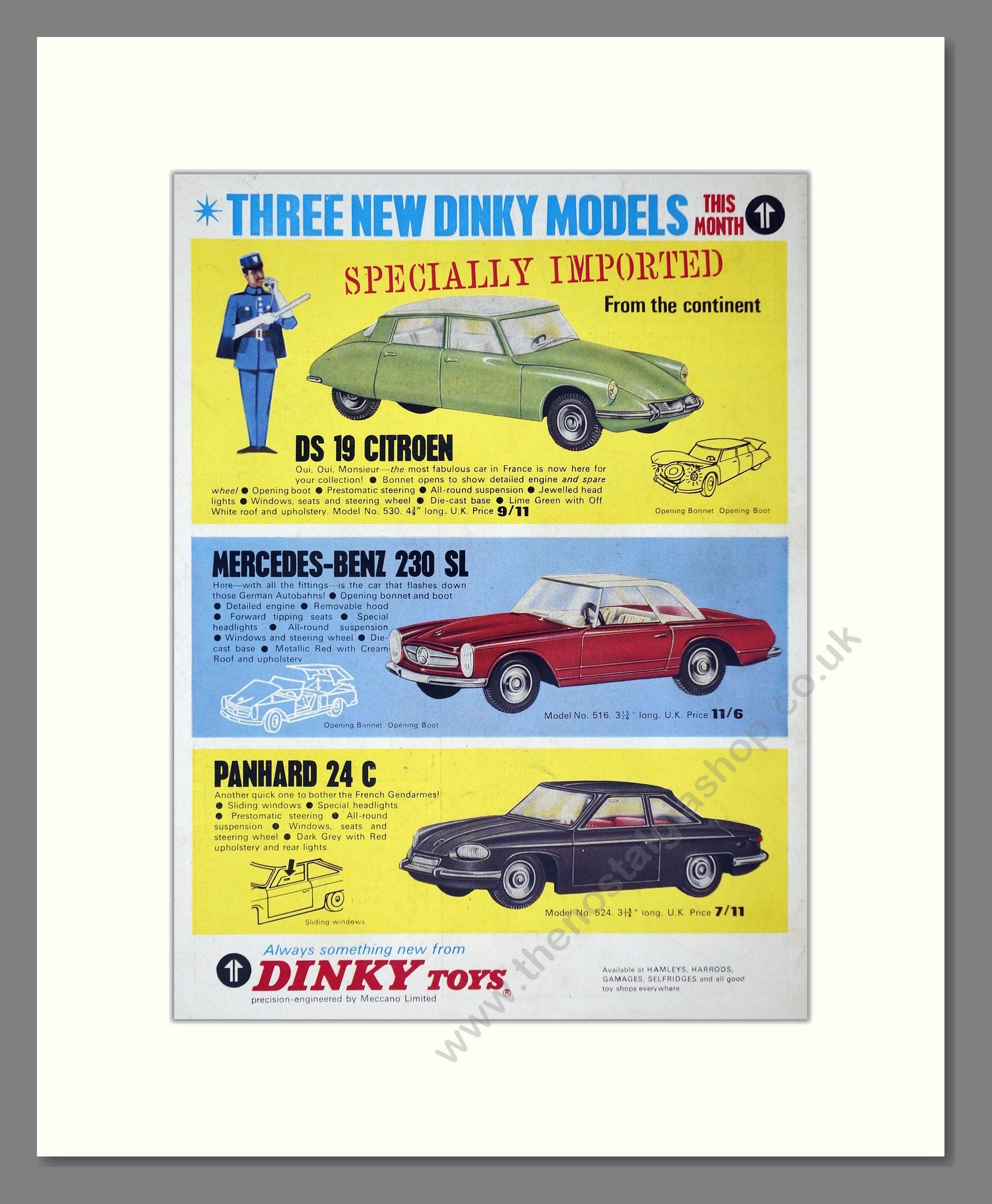 Dinky Toys - Citroen DS 19 / Mercedes-Benz 230SL / Panhard 24C. Vintage Advert 1965 (ref AD65705)