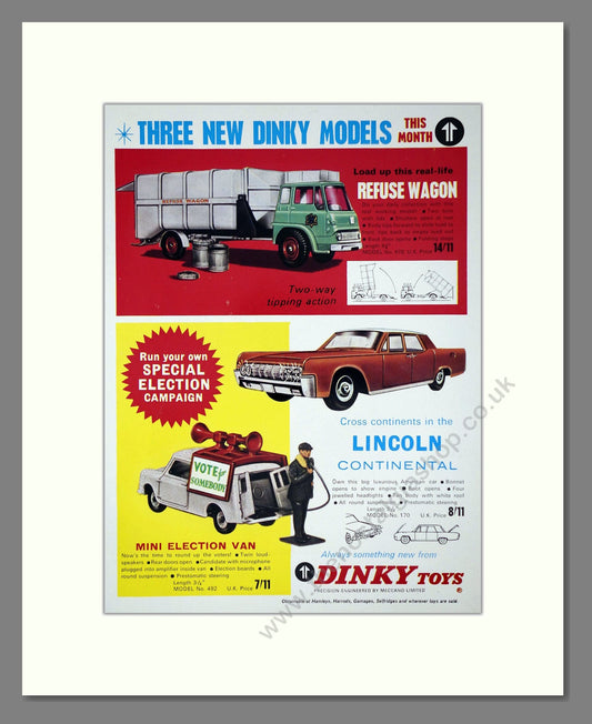 Dinky Toys - Refuse Wagon / Lincoln Continental / Election Van. Vintage Advert 1964 (ref AD65711)