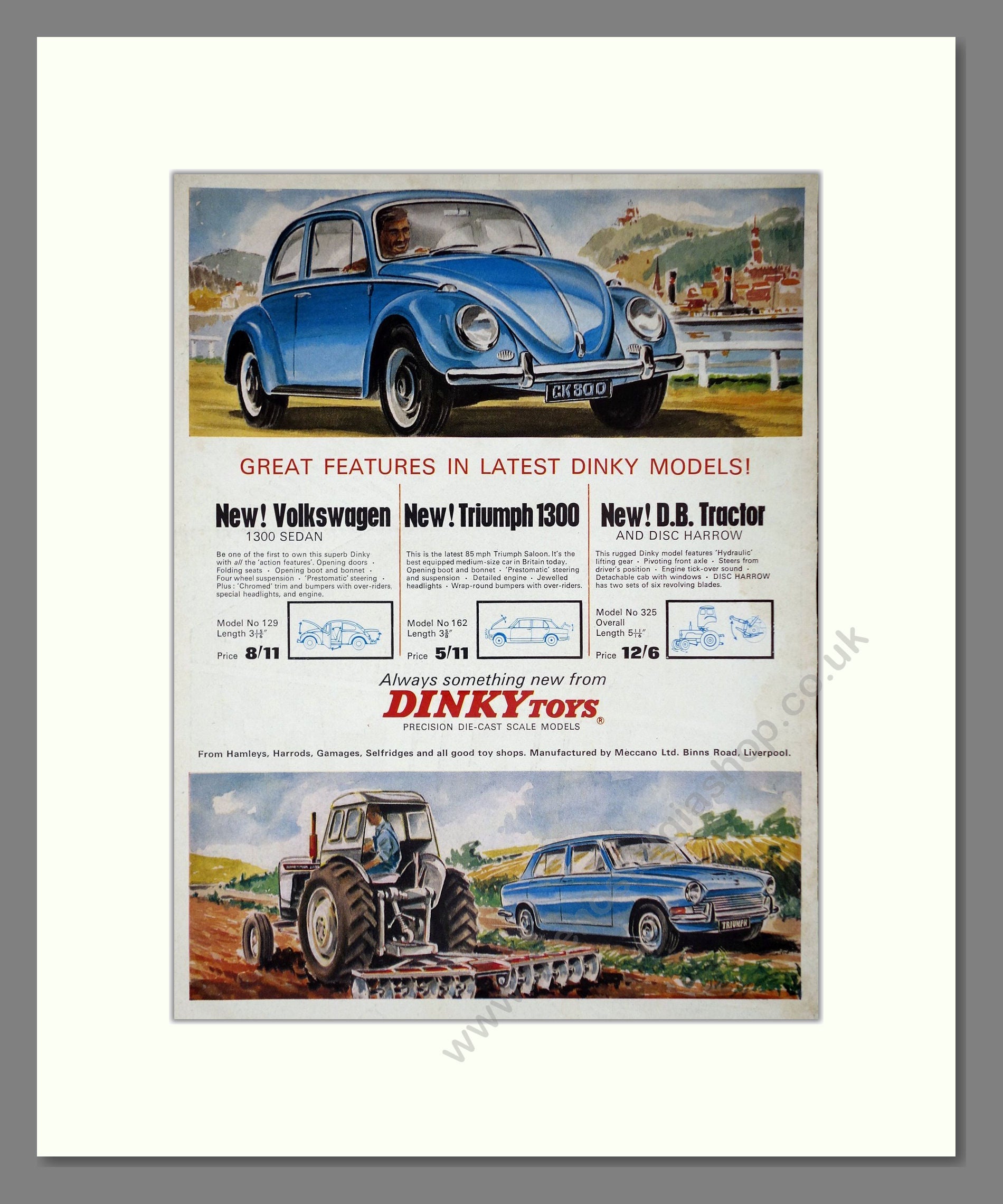 Dinky Toys - VW 1300 / Triumph 1300 / DB Tractor. Vintage Advert 1966 (ref AD65713)