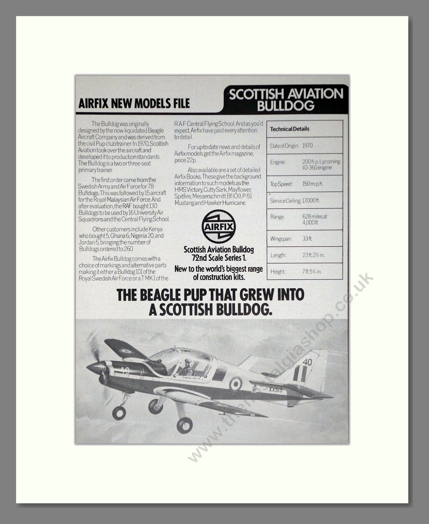 Airfix - Scottish Aviation Bulldog. Vintage Advert 1975 (ref AD65845)
