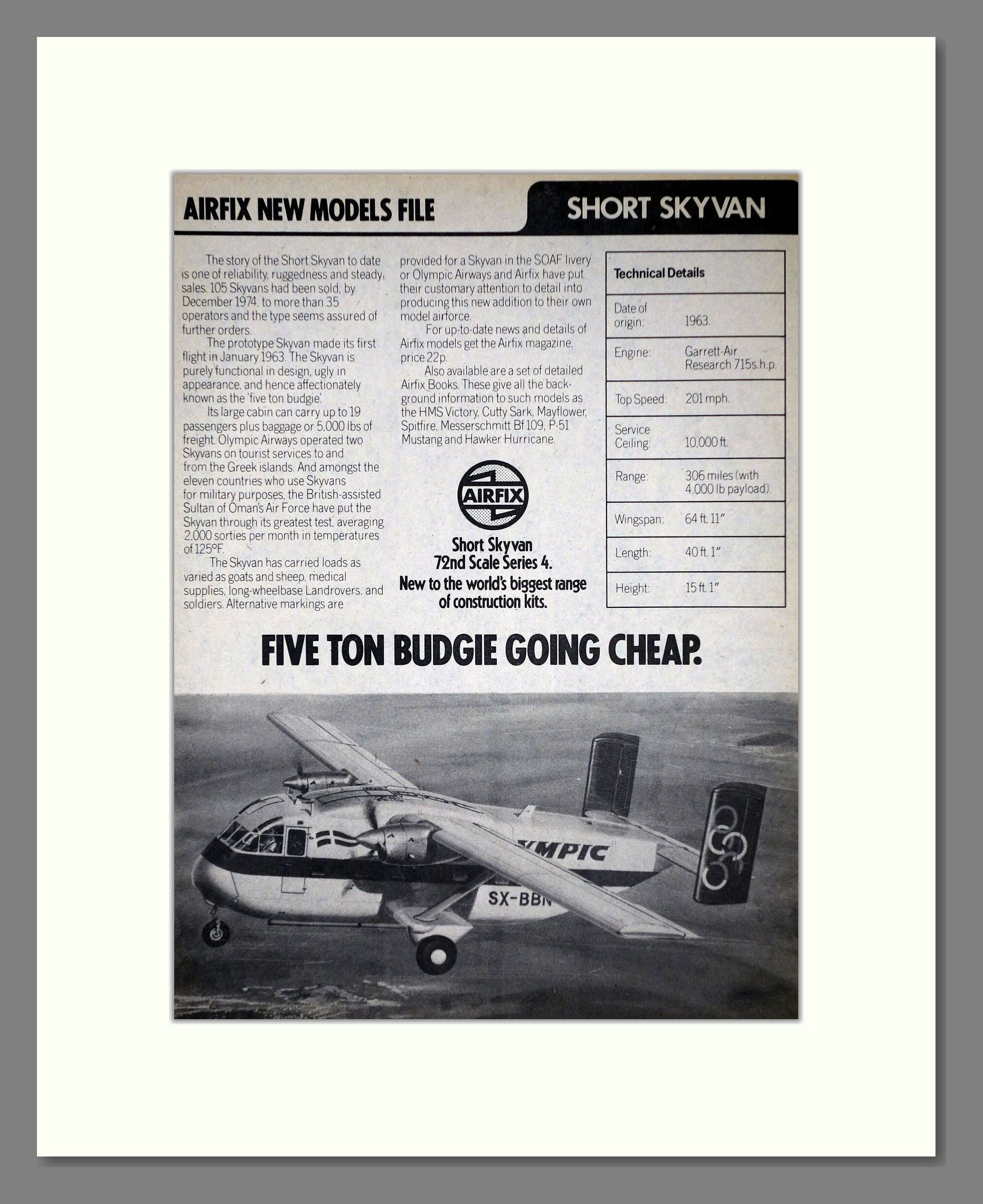 Airfix - Short Skyvan. Vintage Advert 1975 (ref AD65856)
