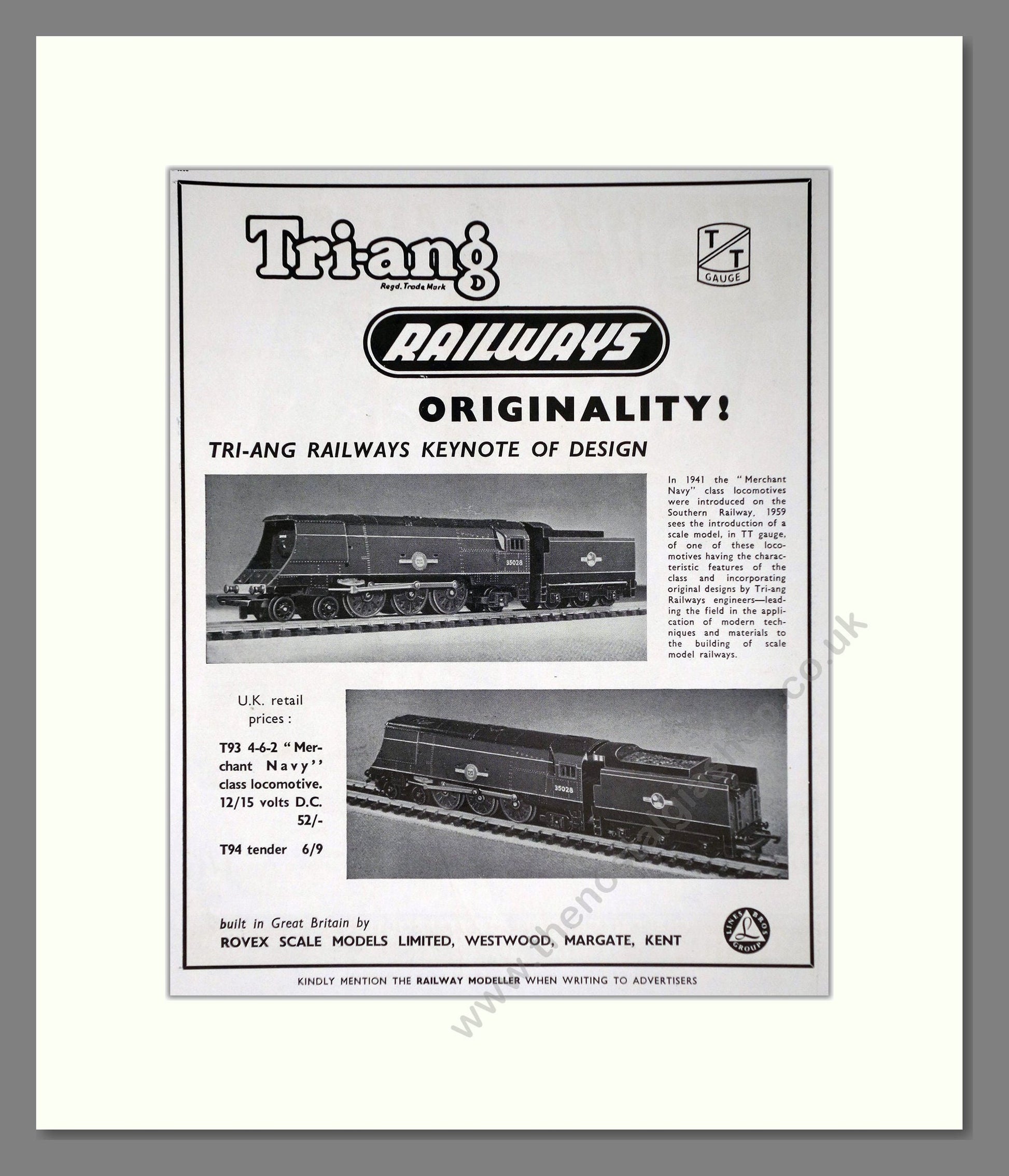 Tri-ang - Model Railways  Originality. Vintage Advert 1959 (ref AD65897)
