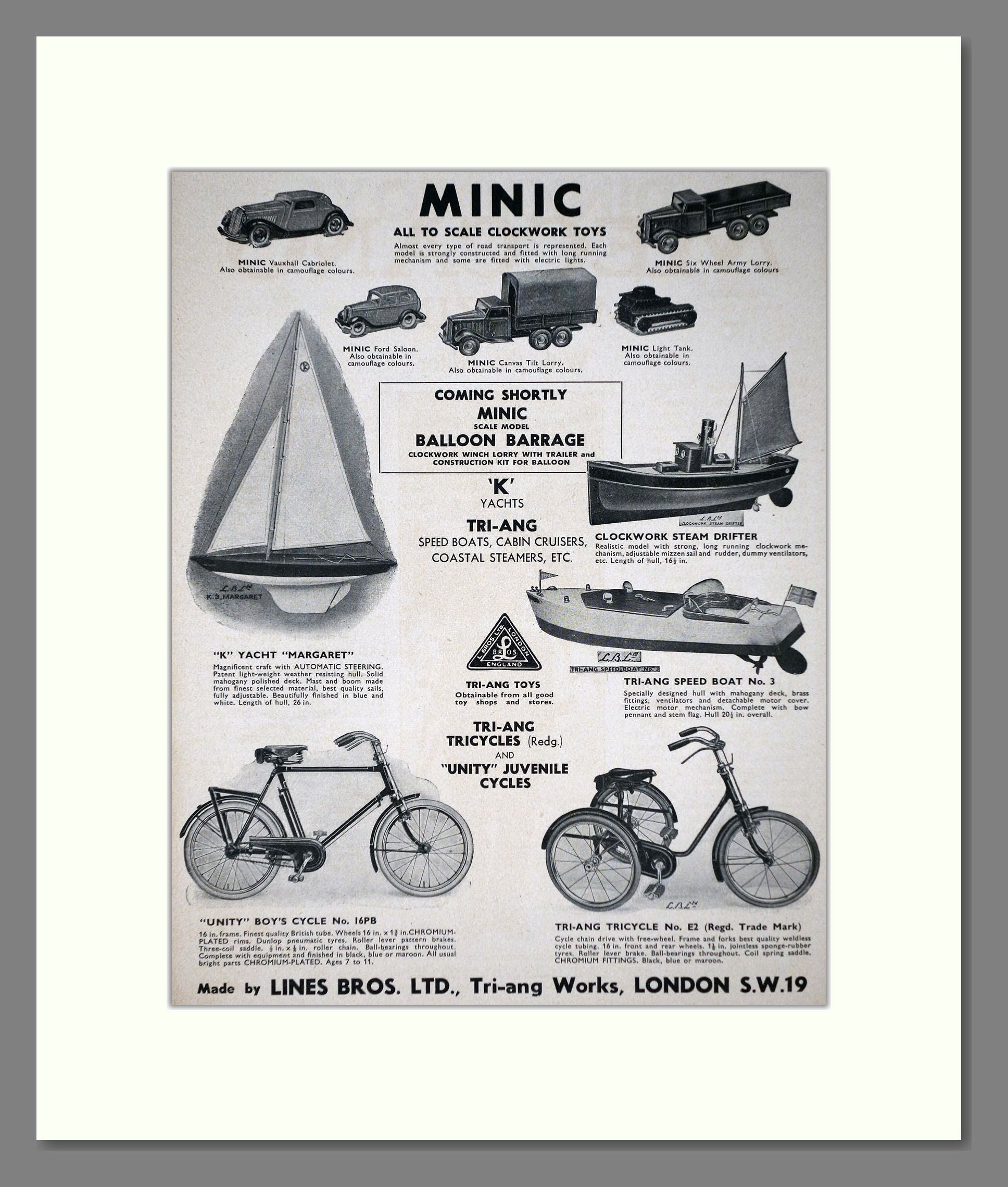 Tri-ang - Minic Clockwork Toys. Vintage Advert 1940 (ref AD65911)