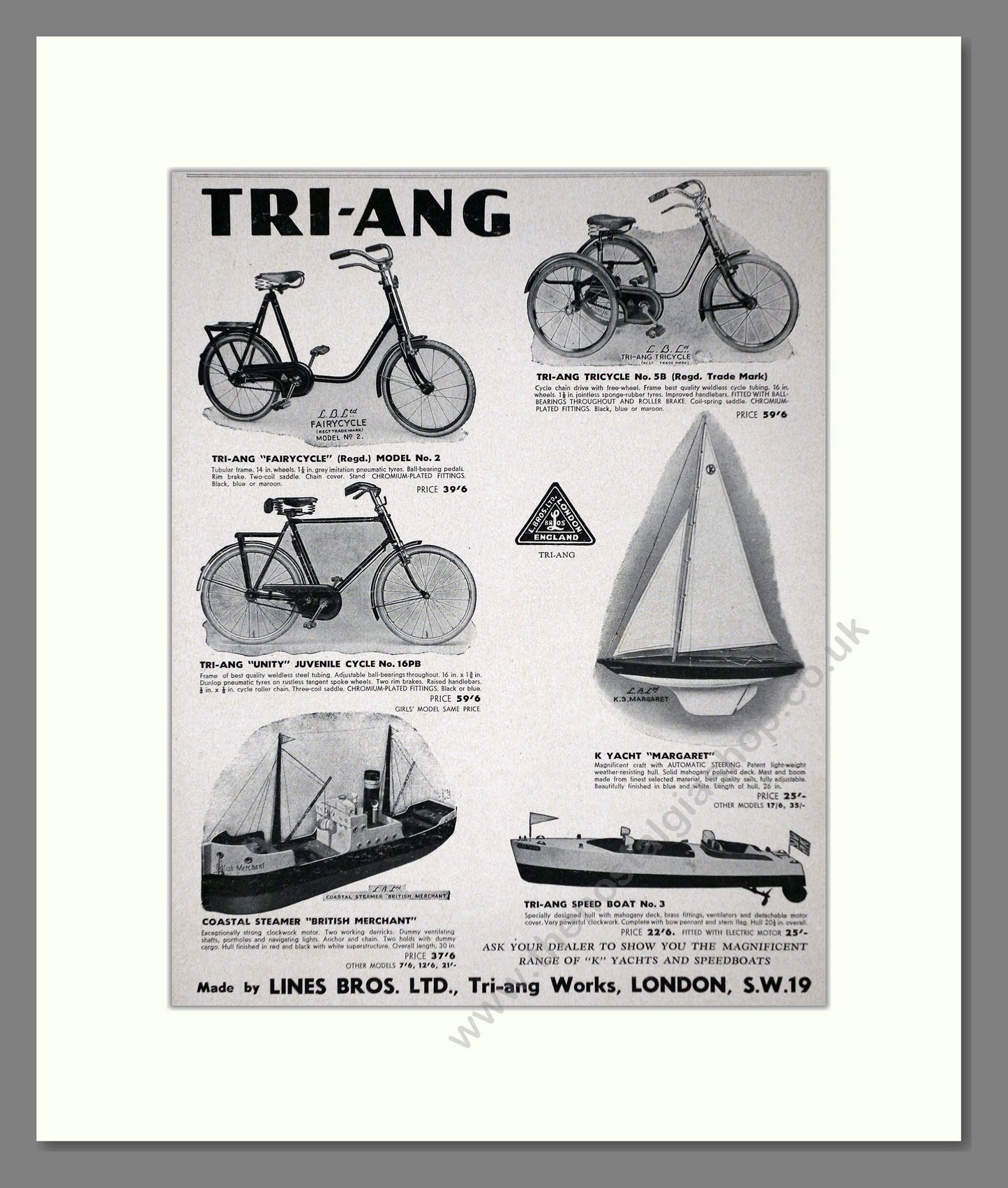 Tri-ang - Toy Cars, Boats And Bikes. Vintage Advert 1938 (ref AD65914)
