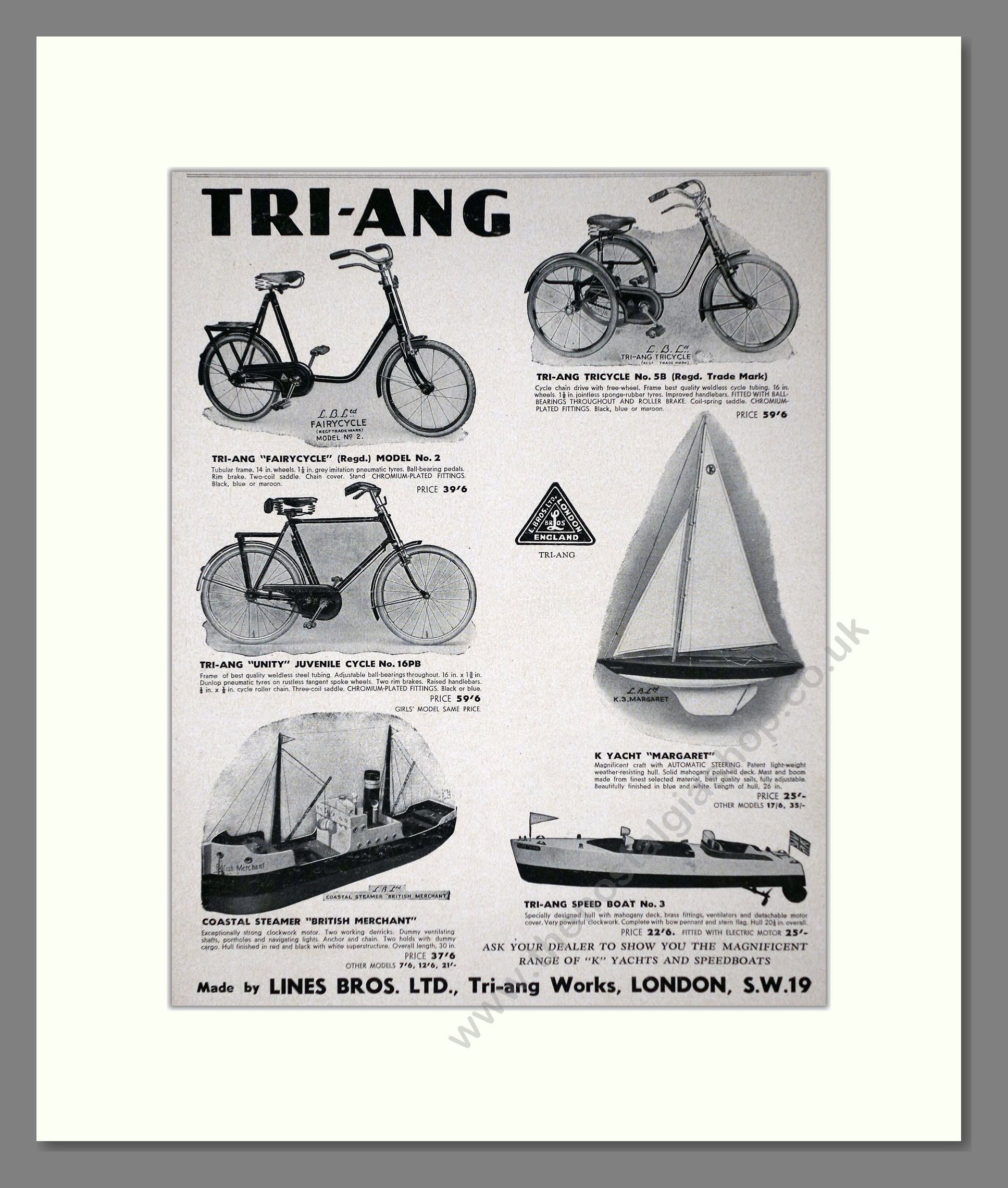 Tri-ang - Toy Cars, Boats And Bikes. Vintage Advert 1938 (ref AD65914)