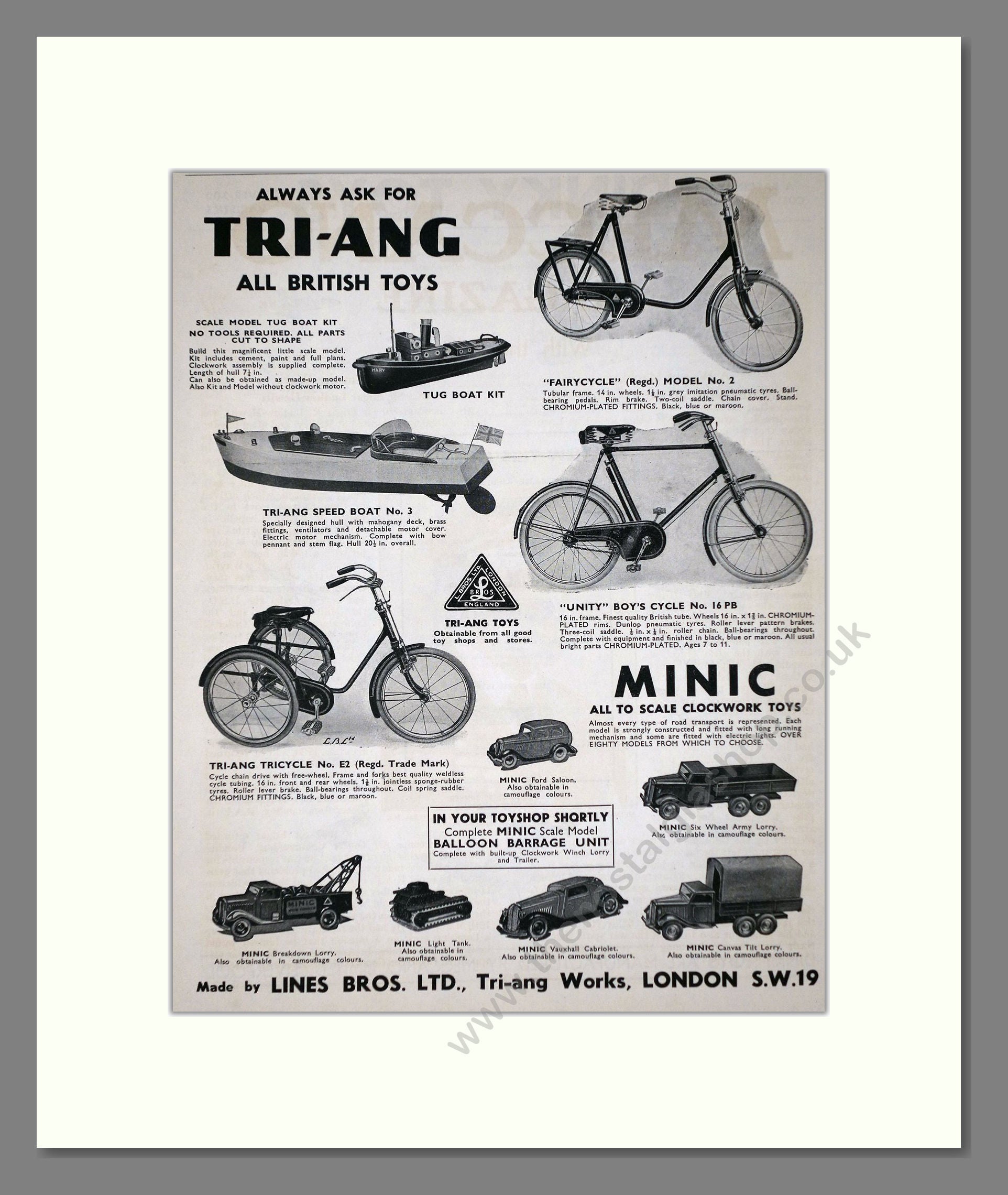 Tri-ang - Toy Cars And Bikes. Vintage Advert 1940 (ref AD65917)