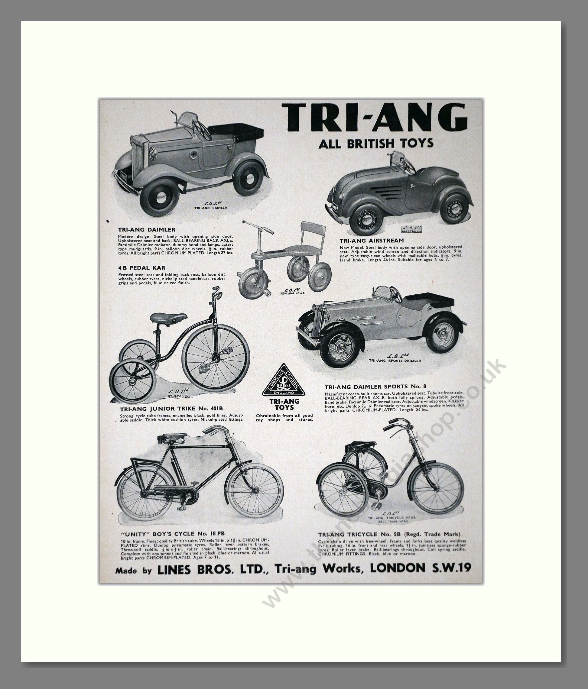 Tri-ang - Toy Cars And Bikes. Vintage Advert 1940 (ref AD65919)