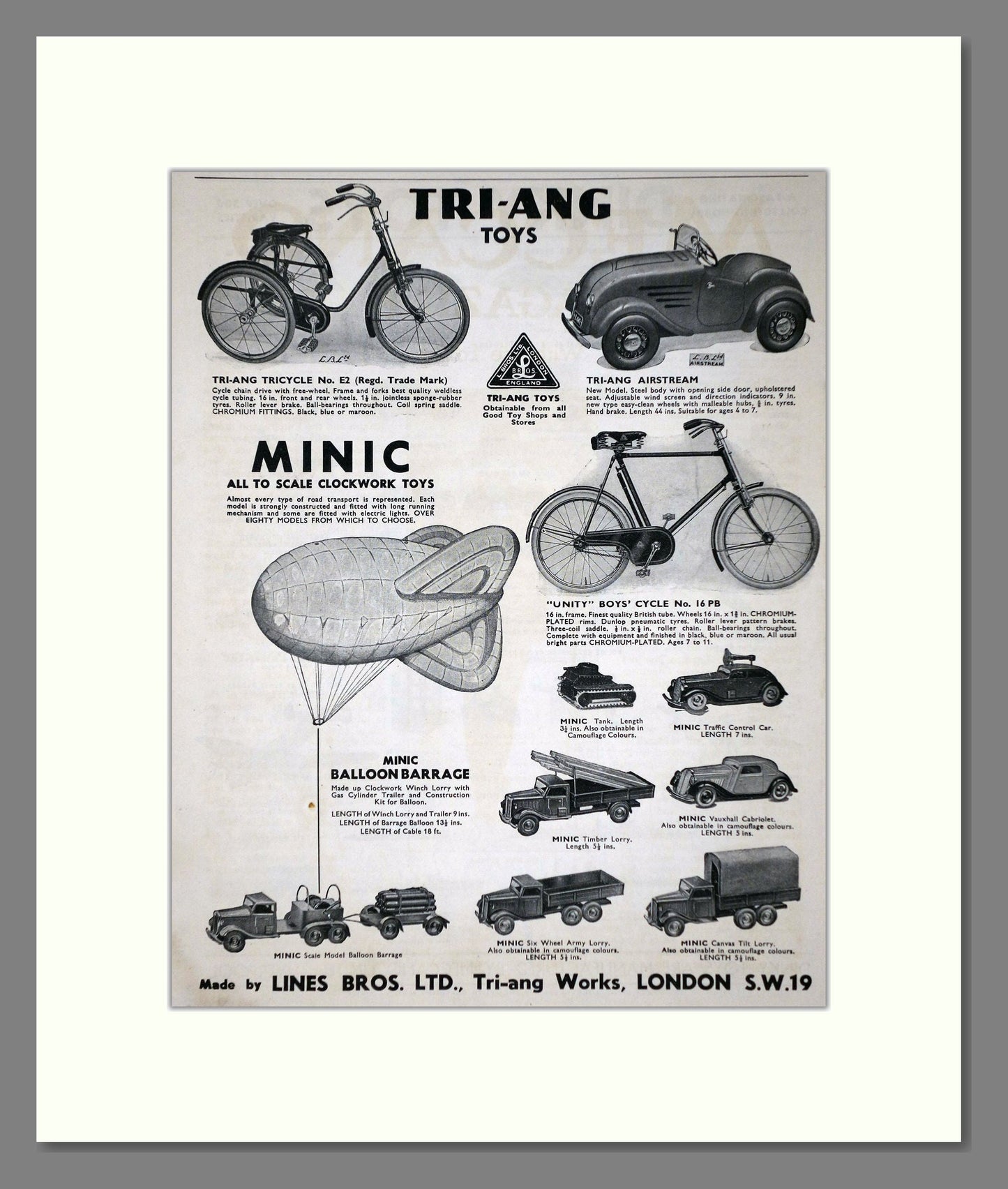 Tri-ang - Toy Cars And Bikes. Vintage Advert 1940 (ref AD65920)