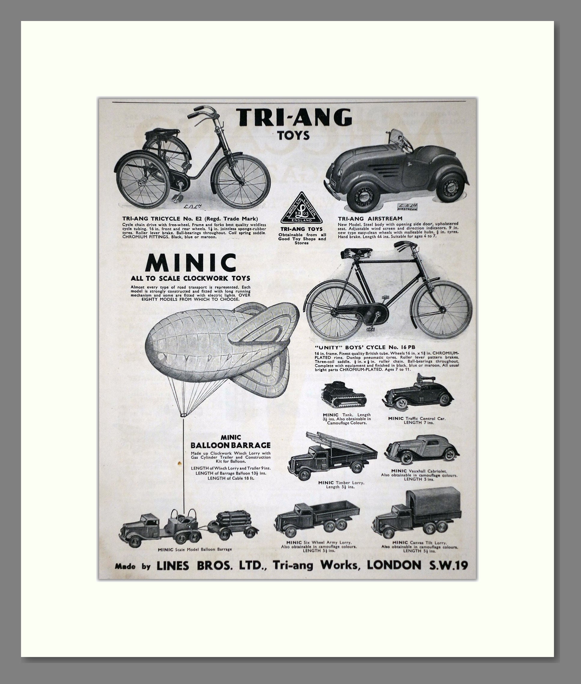 Tri-ang - Toy Cars And Bikes. Vintage Advert 1940 (ref AD65920)