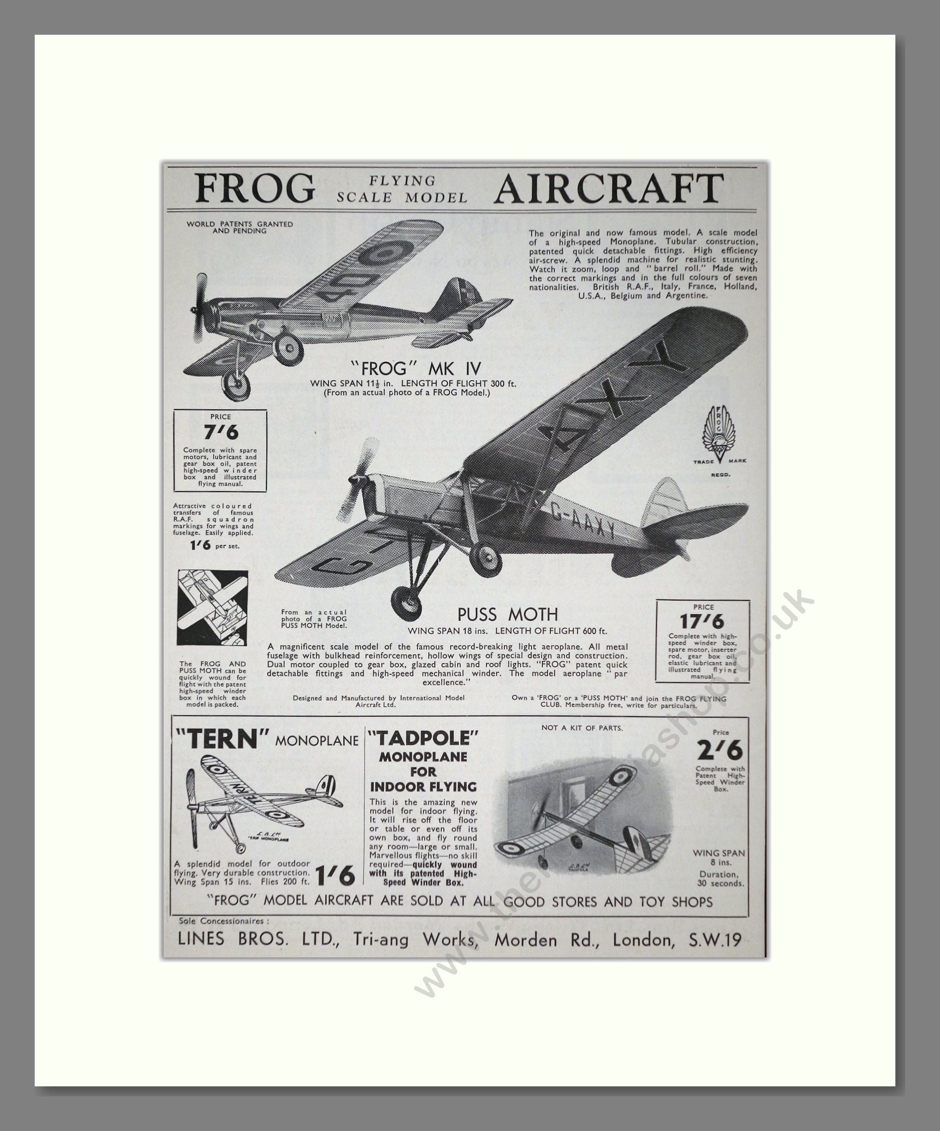 Frog Model Aircraft - Flying Scale Models. Vintage Advert 1934 (ref AD65981)