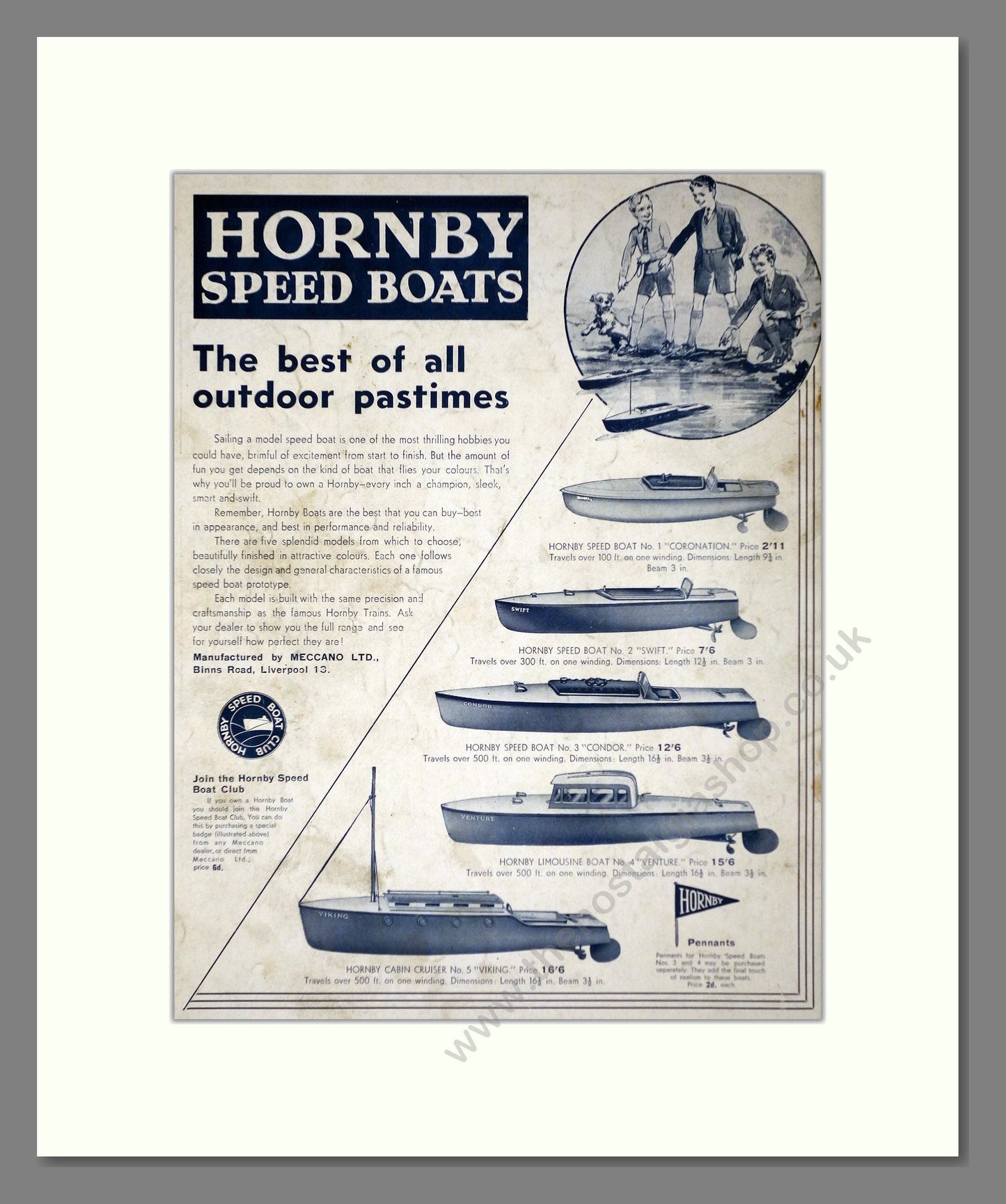 Hornby - Speed Boats. Vintage Advert 1937 (ref AD65724)