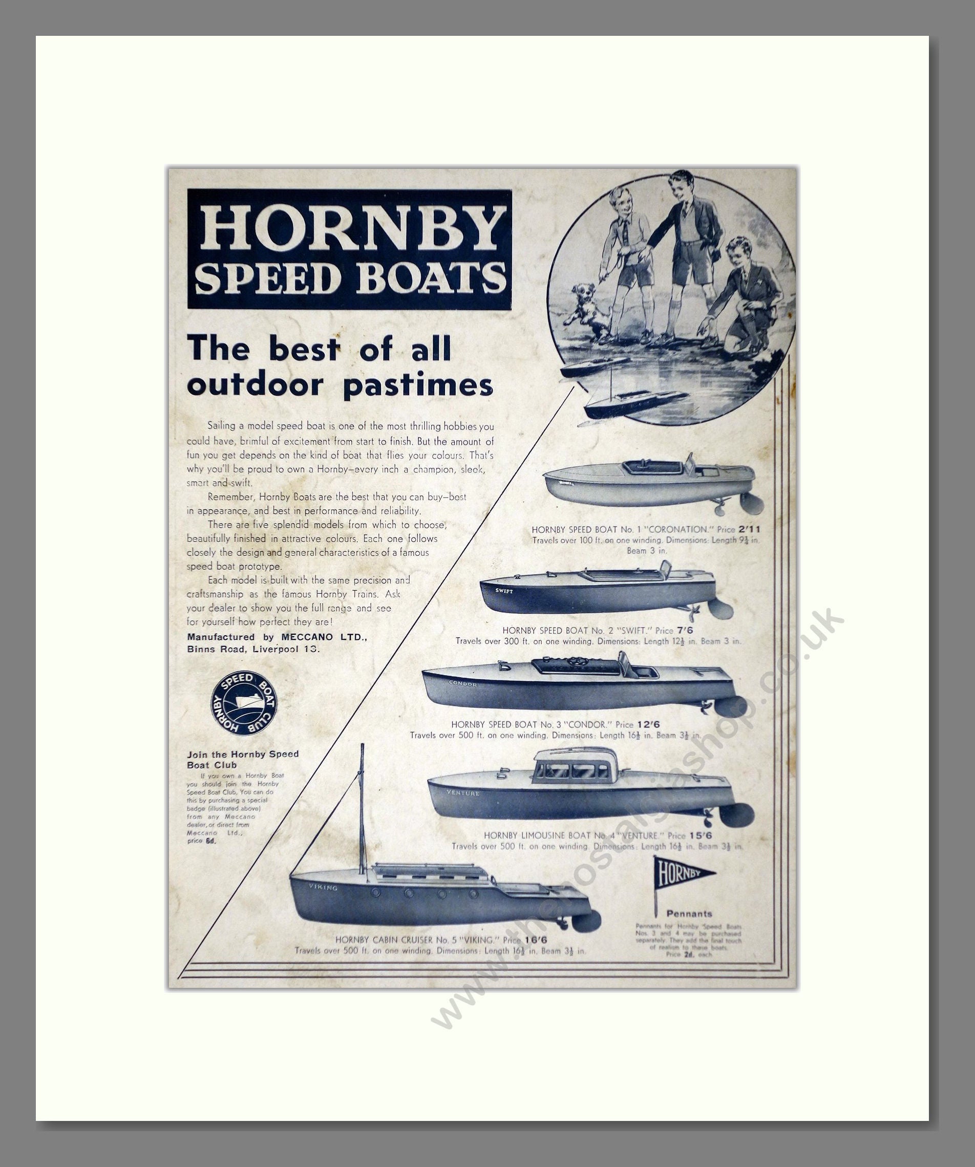 Hornby - Speed Boats. Vintage Advert 1937 (ref AD65724)