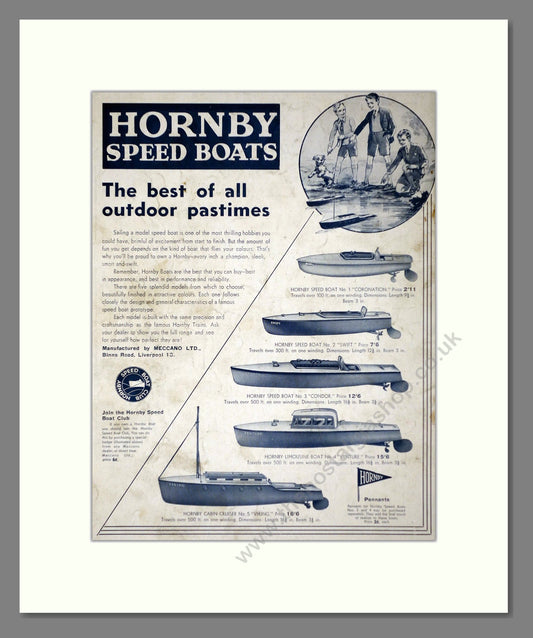 Hornby - Speed Boats. Vintage Advert 1937 (ref AD65724)