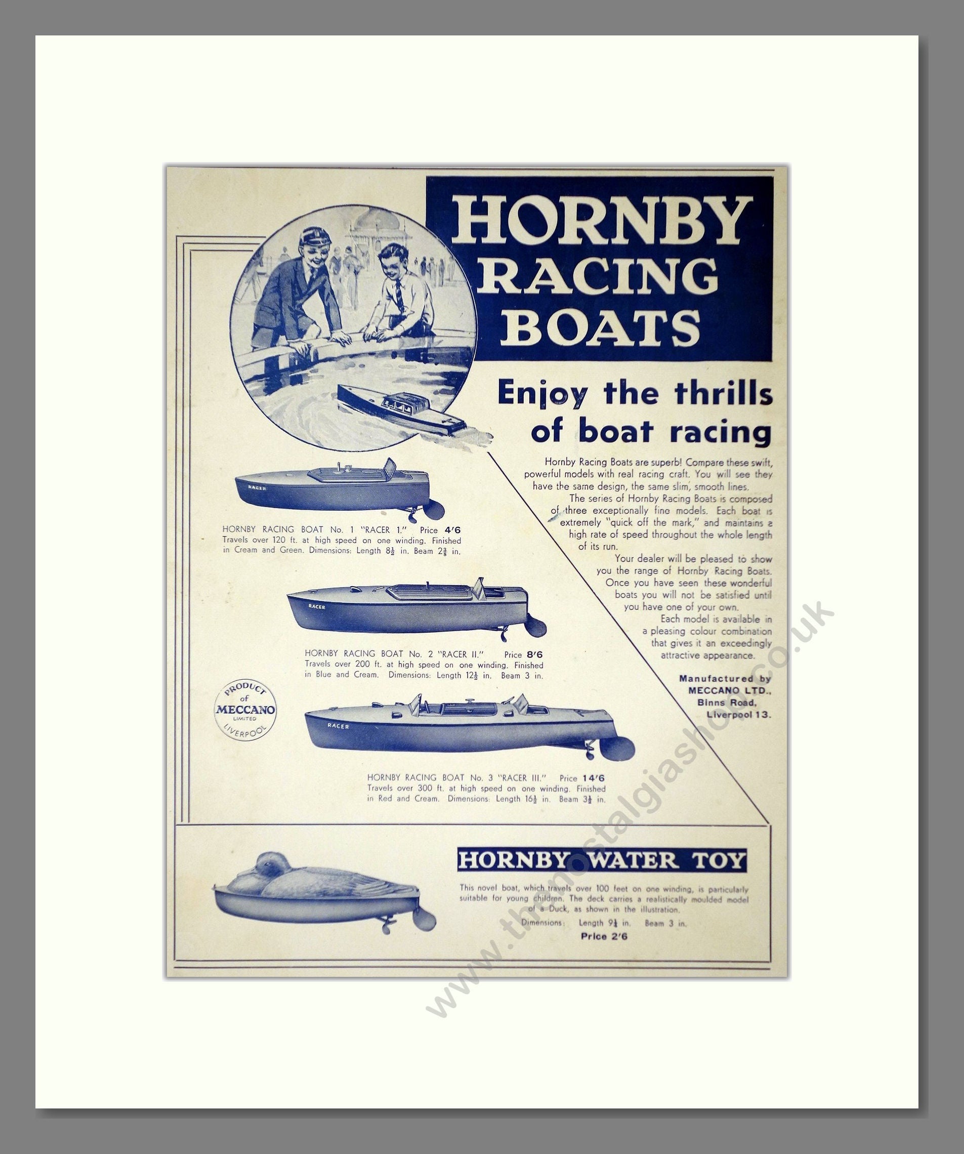 Hornby - Racing Boats. Vintage Advert 1937 (ref AD65725)