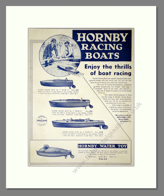 Hornby - Racing Boats. Vintage Advert 1937 (ref AD65725)