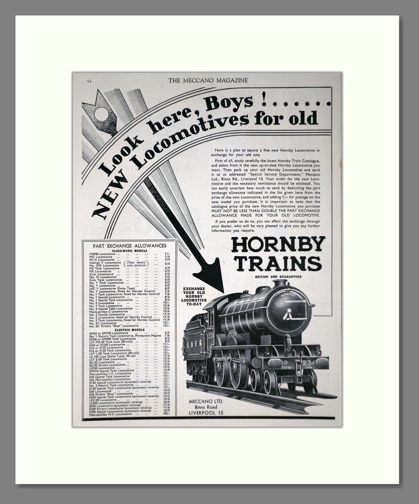 Hornby - Trains Part Exchange Offer. Vintage Advert 1935 (ref AD65731)