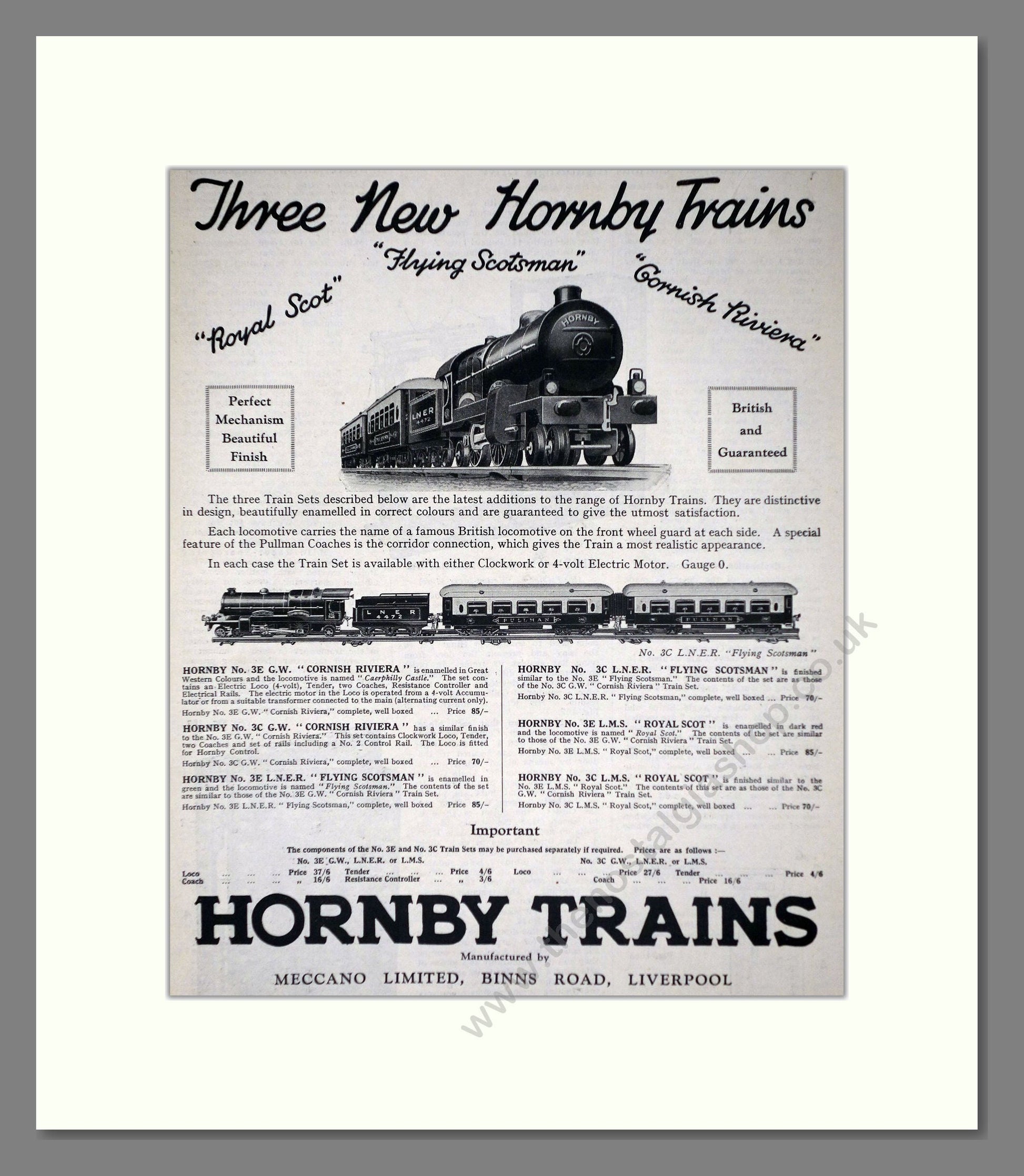 Hornby - 3 New Trains Flying Scotsman. Vintage Advert 1927 (ref AD65734)
