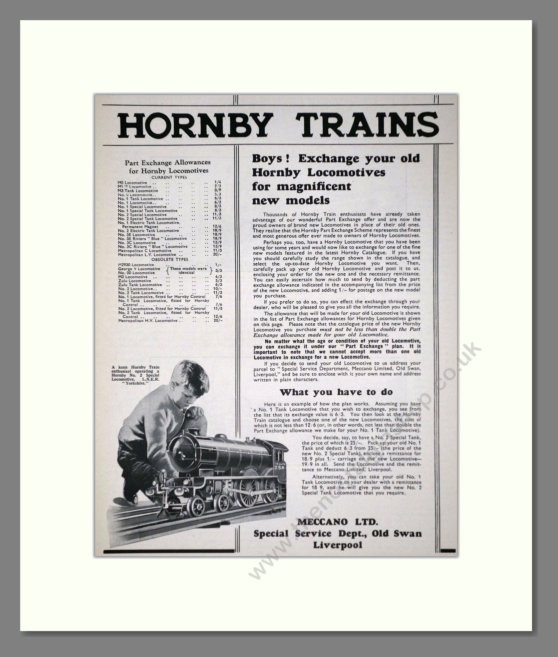 Hornby - Trains Part Exchange Offer. Vintage Advert 1933 (ref AD65736)