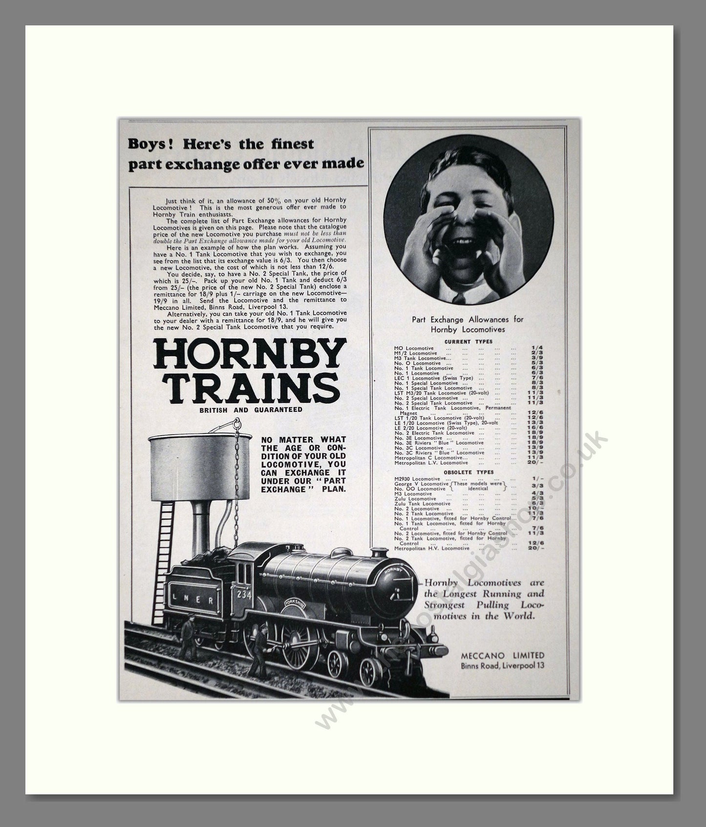 Hornby - Trains Part Exchange Offer. Vintage Advert 1934 (ref AD65738)