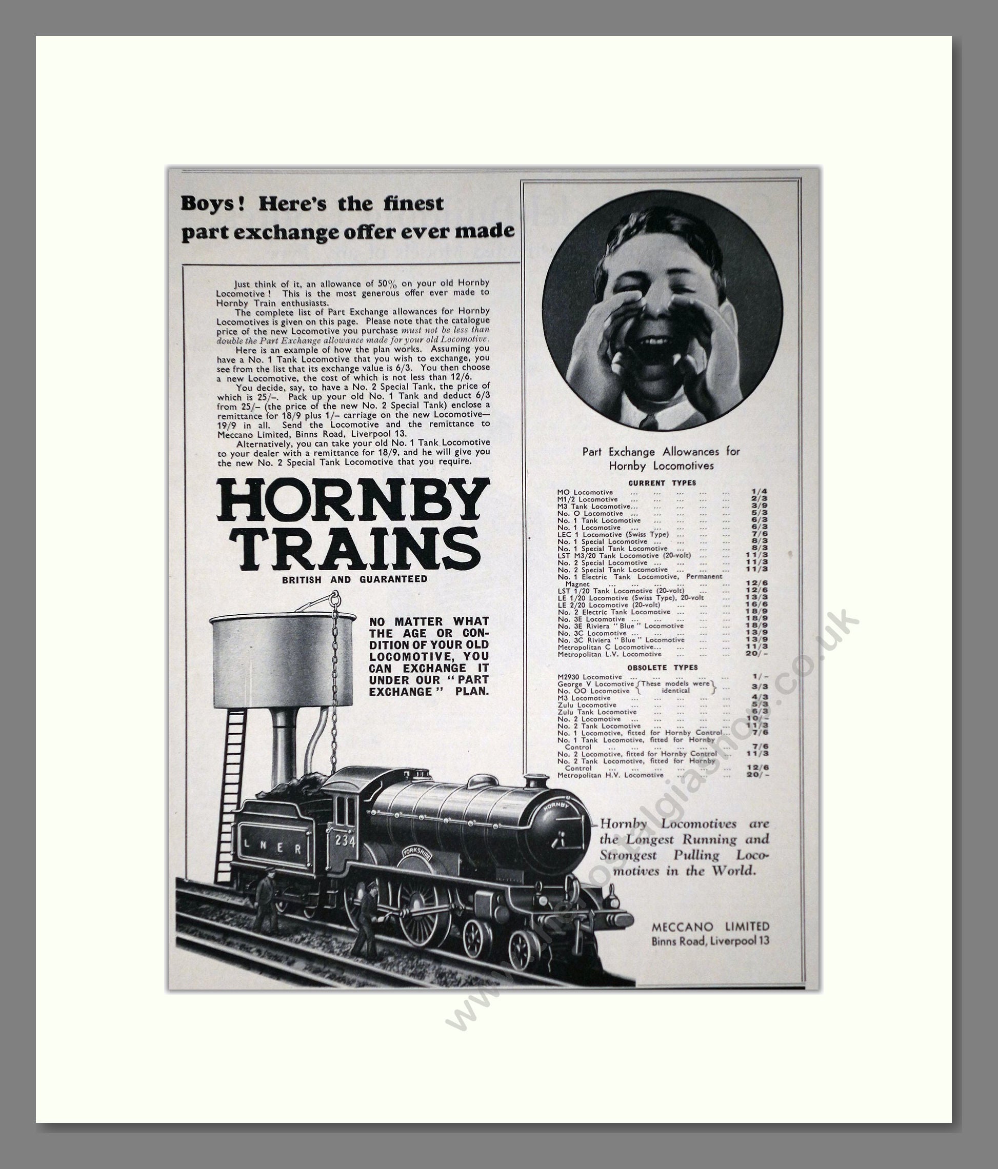 Hornby - Trains Part Exchange Offer. Vintage Advert 1934 (ref AD65738)