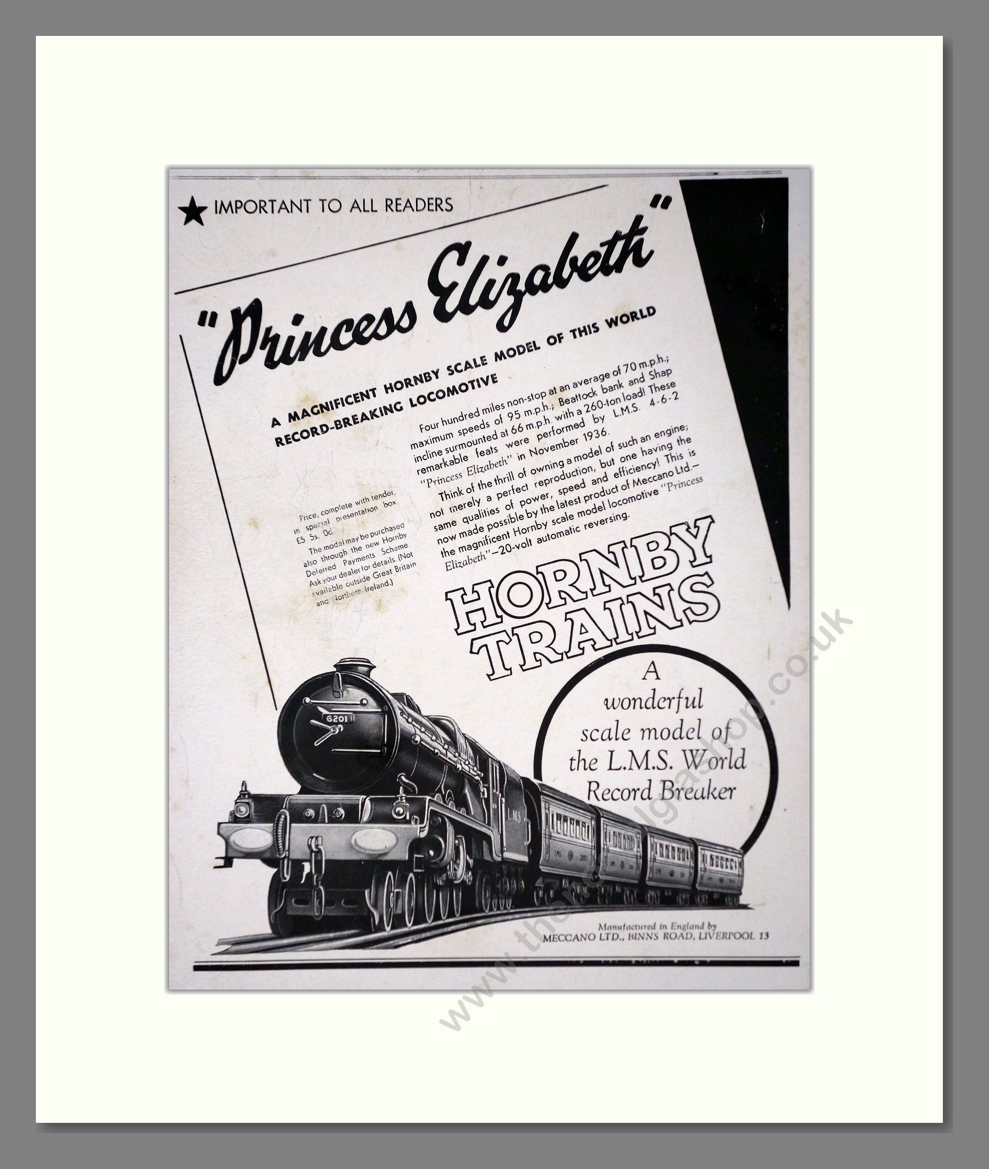 Hornby - Princess Elizabeth. Vintage Advert 1937 (ref AD65739)