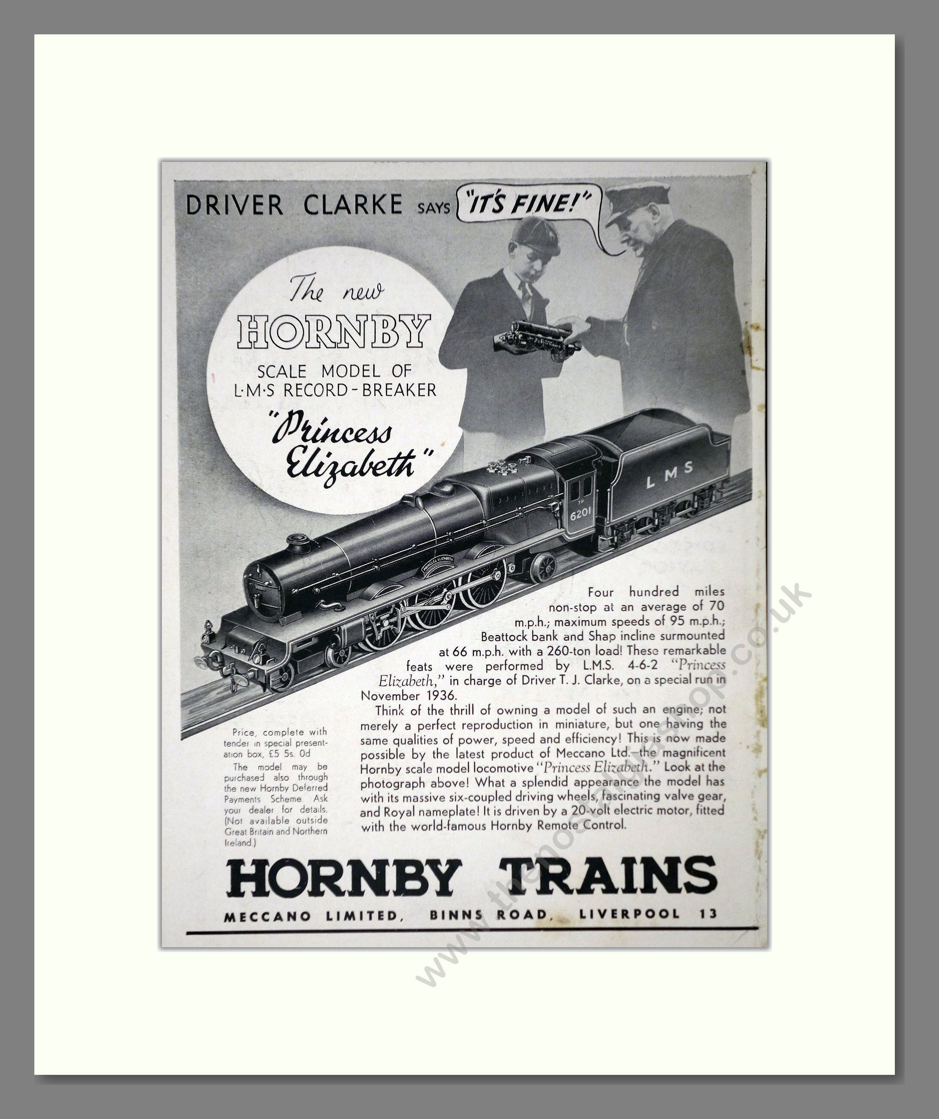 Hornby - Princess Elizabeth. Vintage Advert 1937 (ref AD65740)