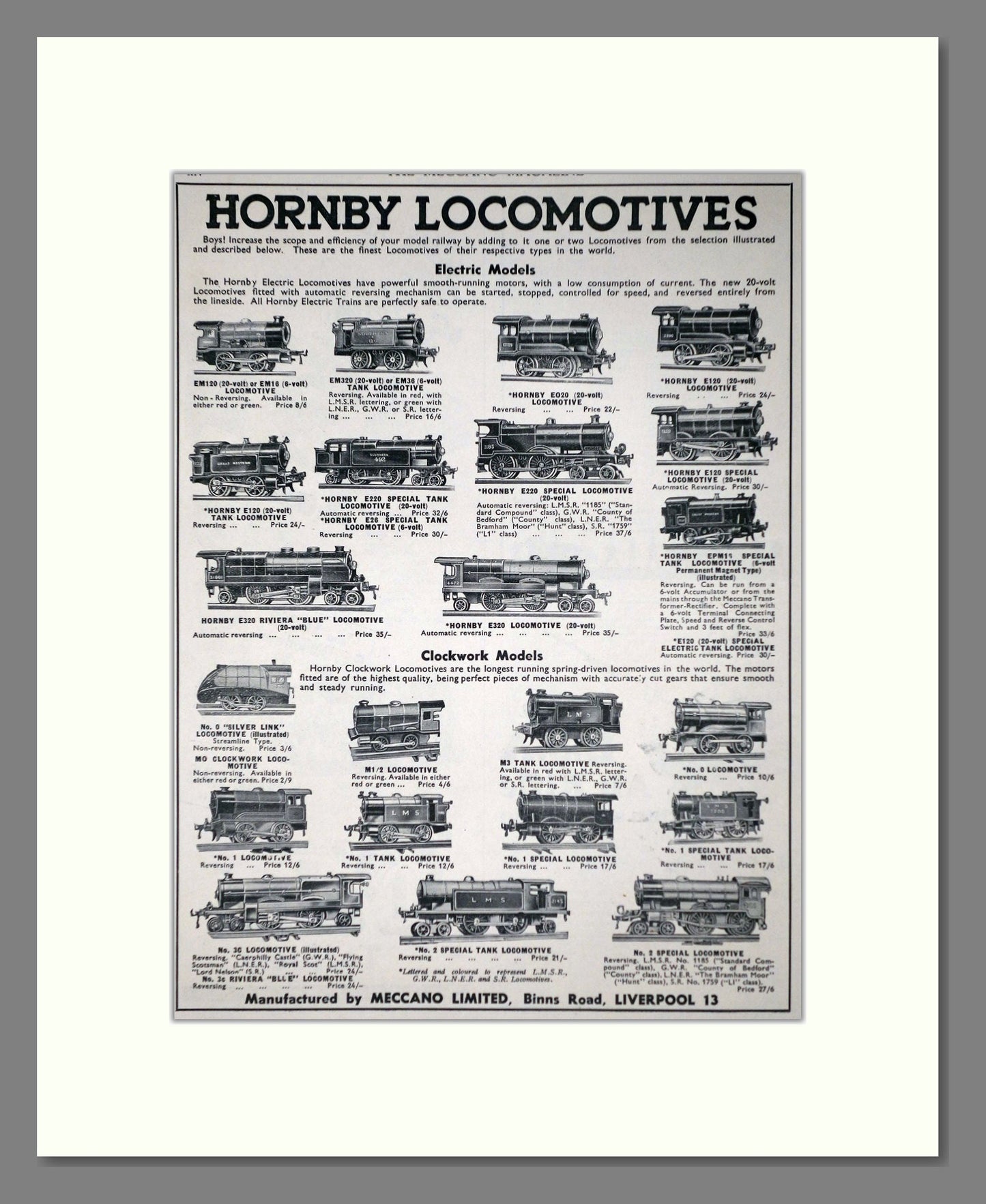 Hornby - Locomotives. Vintage Advert 1937 (ref AD65747)