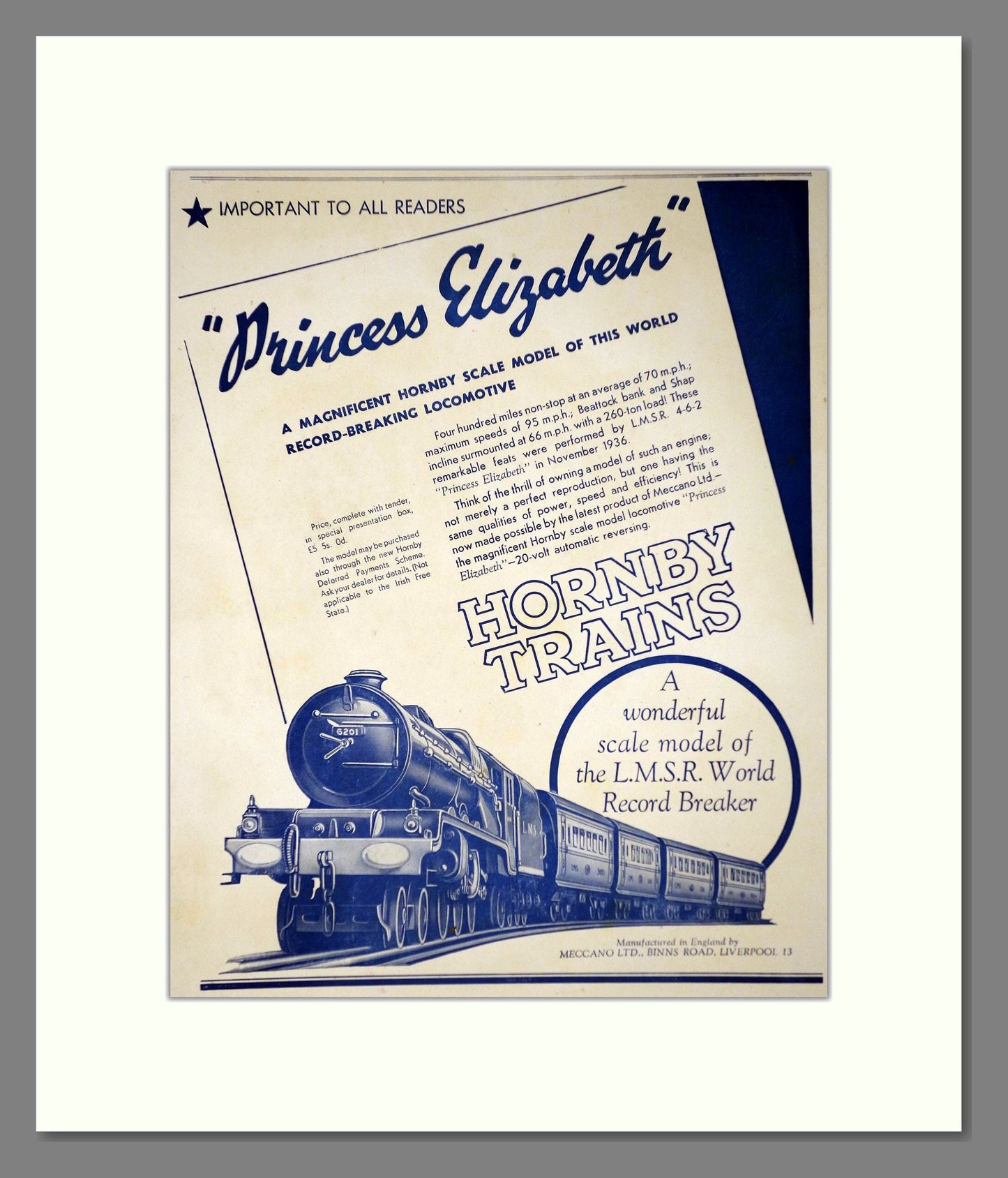 Hornby - Princess Elizabeth. Vintage Advert 1937 (ref AD65757)