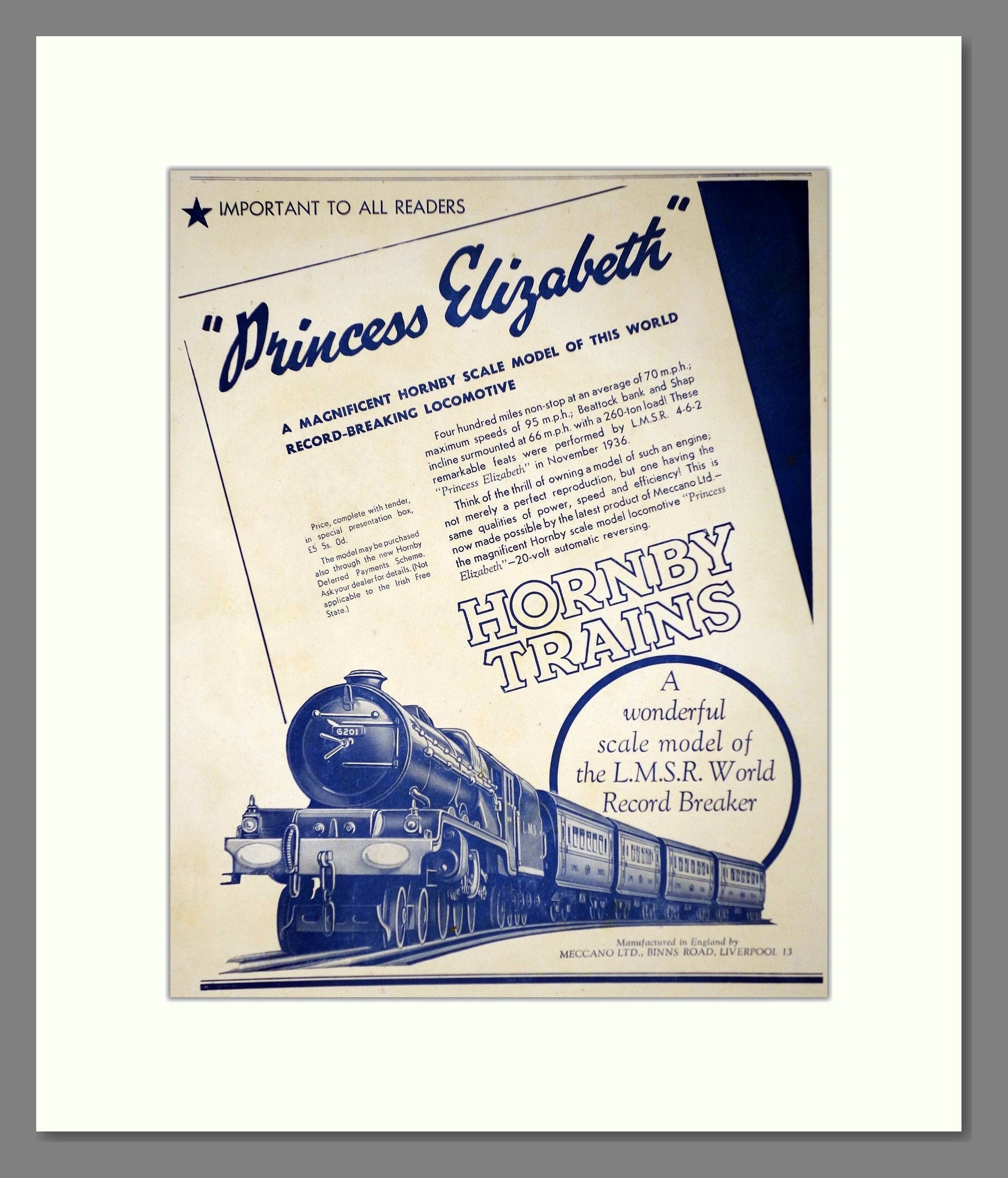 Hornby - Princess Elizabeth. Vintage Advert 1937 (ref AD65757)