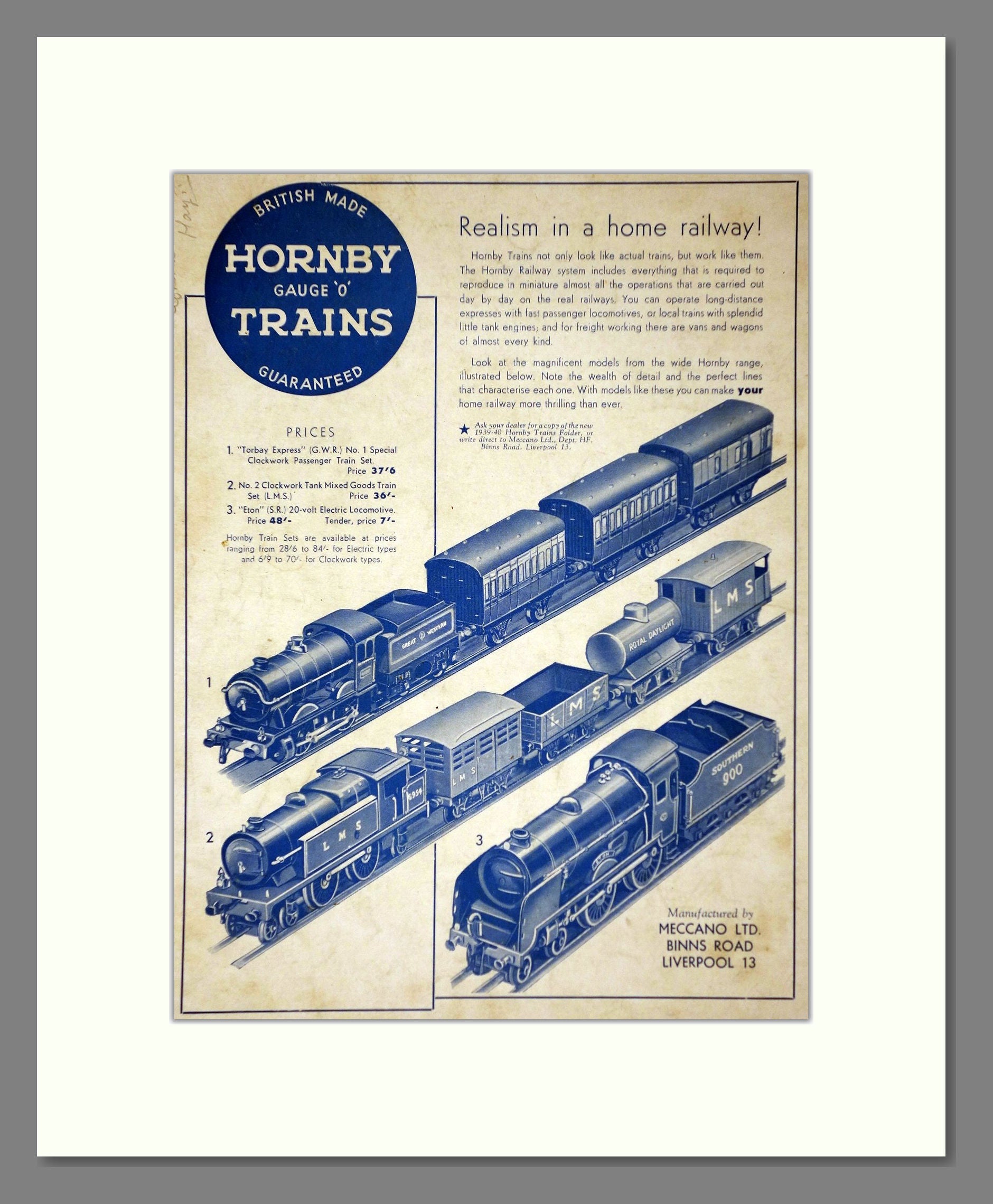 Hornby - Gauge O Trains. Vintage Advert 1940 (ref AD65760)