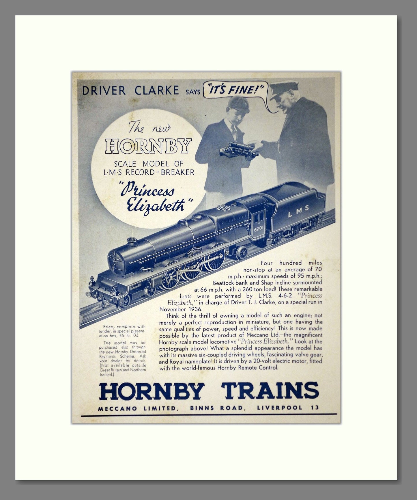 Hornby - Princess Elizabeth. Vintage Advert 1937 (ref AD65761)